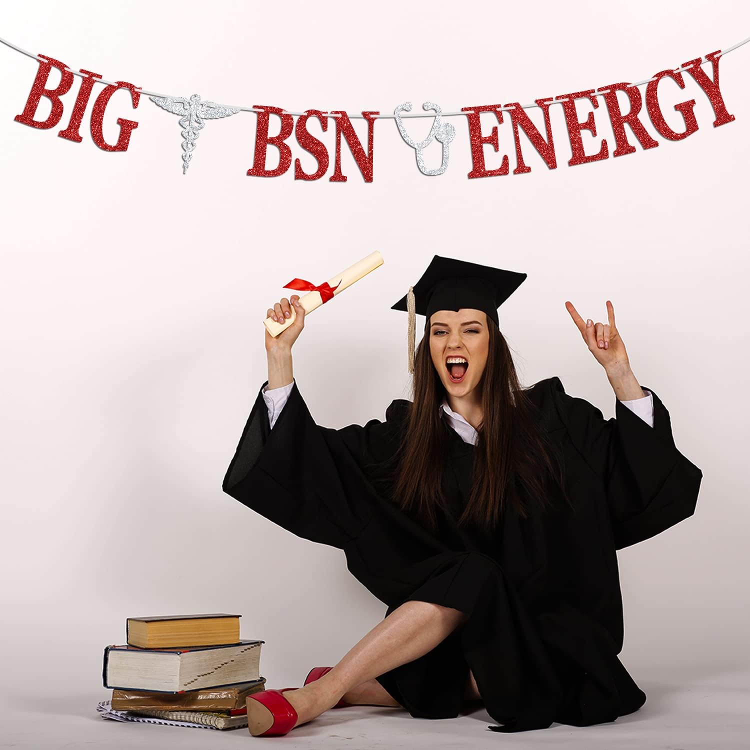 BSN Graduation Banner with Silver Red Glitter