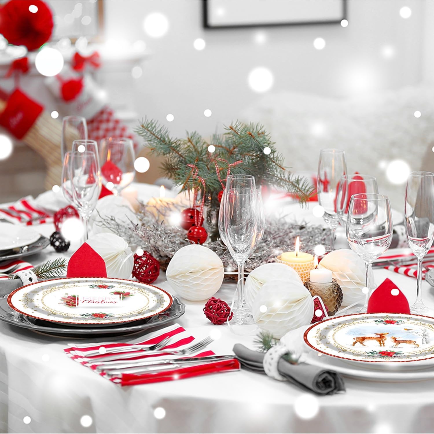 Christmas Poinsettia Deer Disposable Plate Set - 25 Piece Holiday Party Supplies