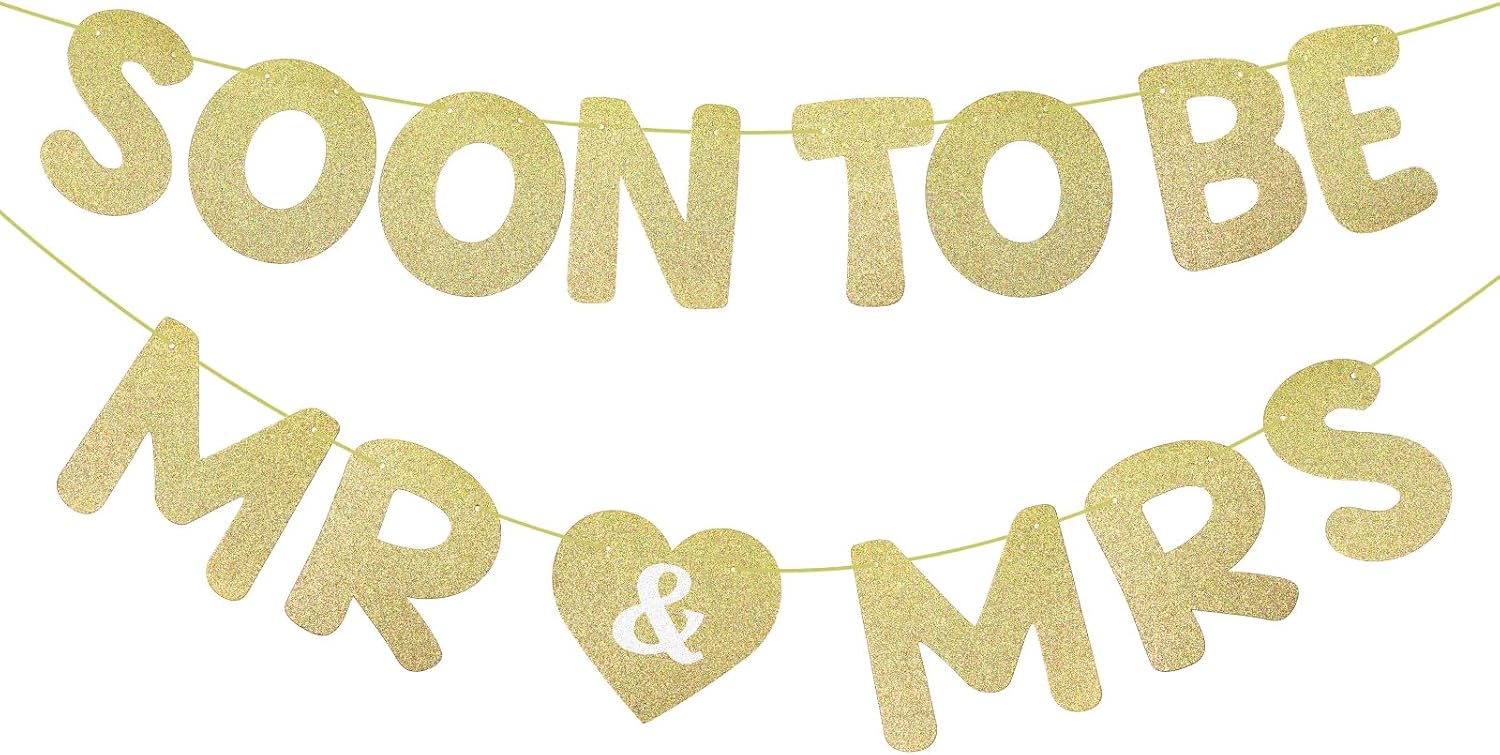 Yeaqee Pre-Strung Mr Mrs Gold Glitter Banner