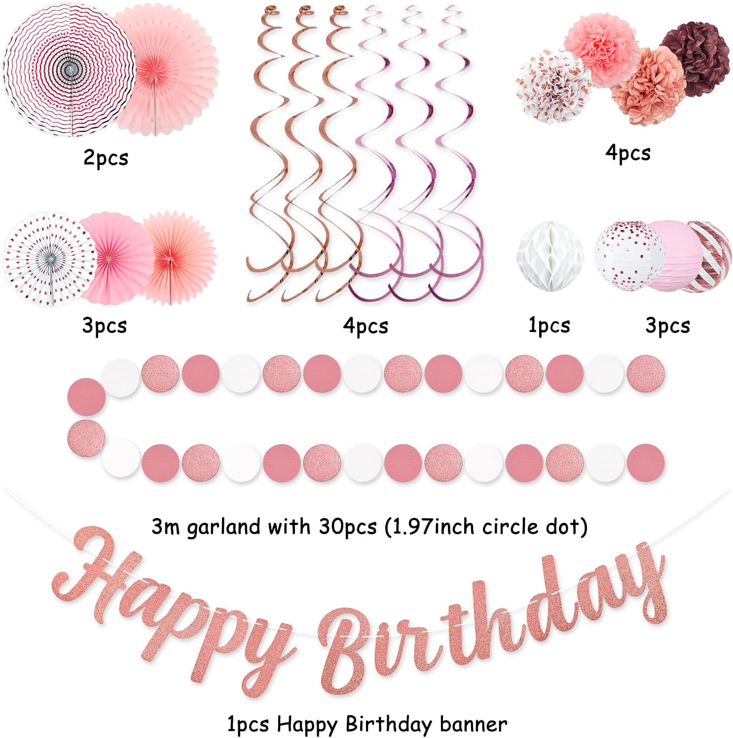 Pink White Rose Gold Birthday Party Decorations 21pcs