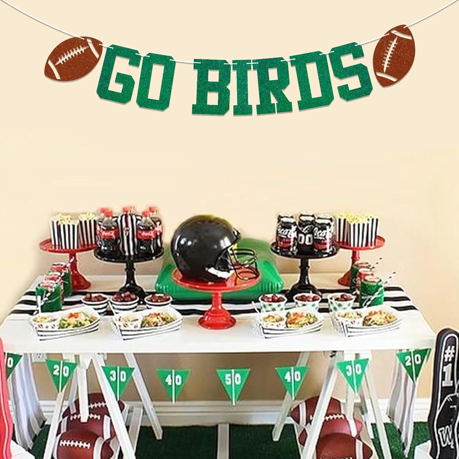 Go Birds Banner - Green Glitter Football Game Decor
