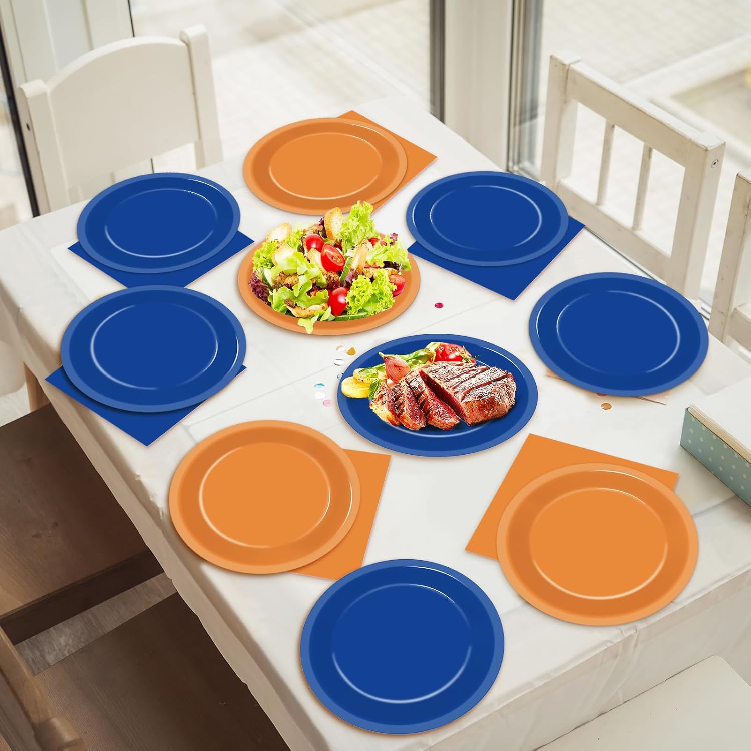 48Pcs Blue and Orange Party Plates Napkins Set