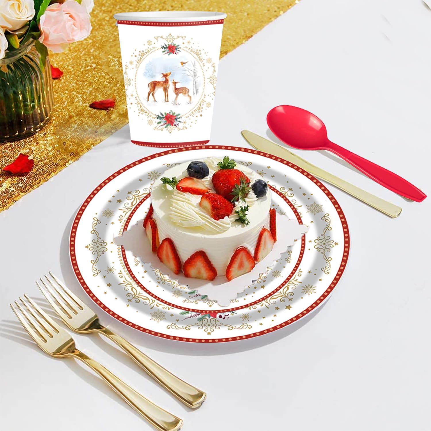 Christmas Poinsettia Deer Disposable Plate Set - 25 Piece Holiday Party Supplies