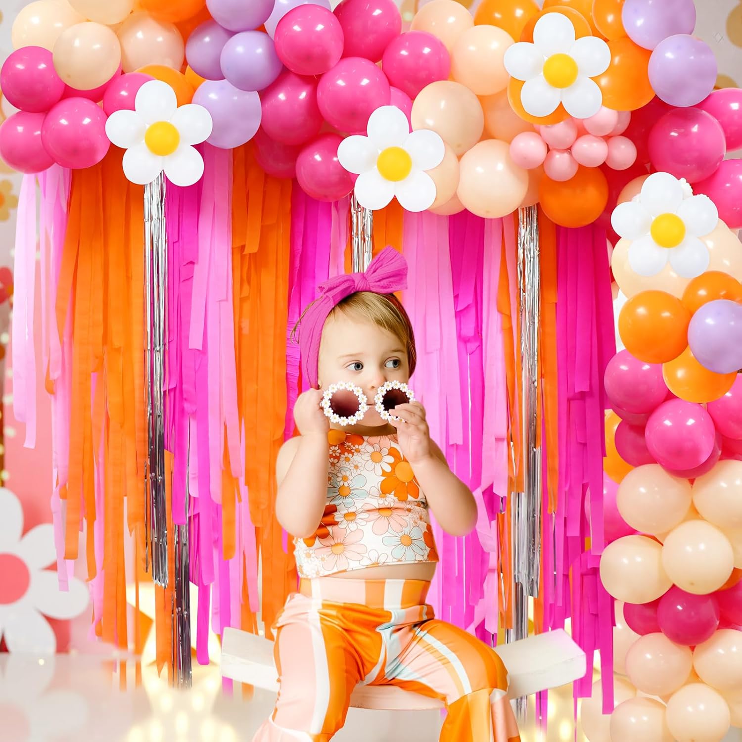 Pink Orange Groovy Balloon Arch Kit with Fringe Backdrop