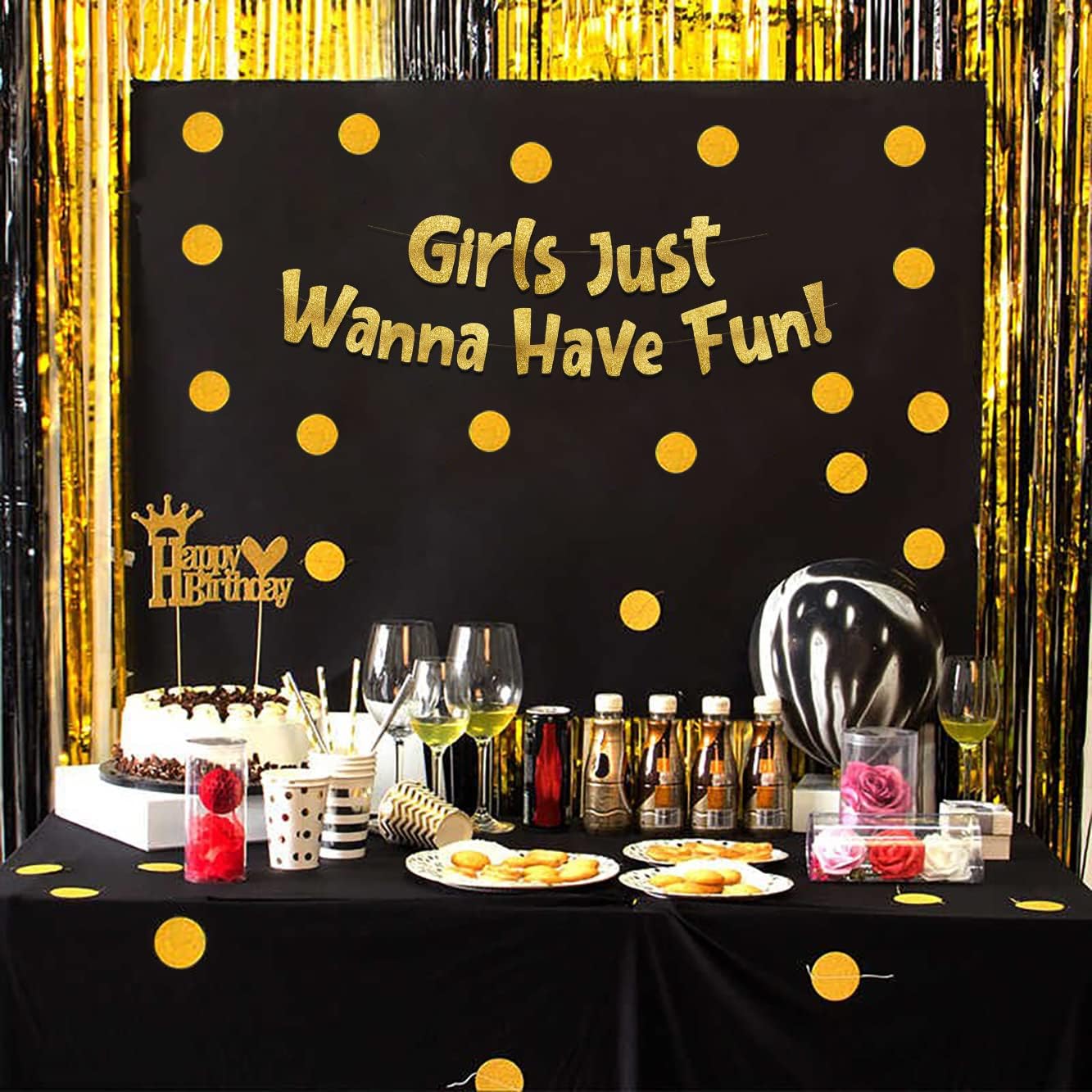 Girls Just Wanna Have Fun Neon Gold Glitter Banner