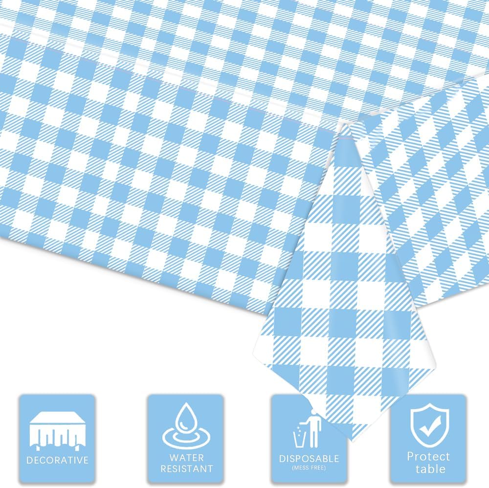 3 Pcs Light Blue Checkered Tablecloth for Outdoor Picnic and Party