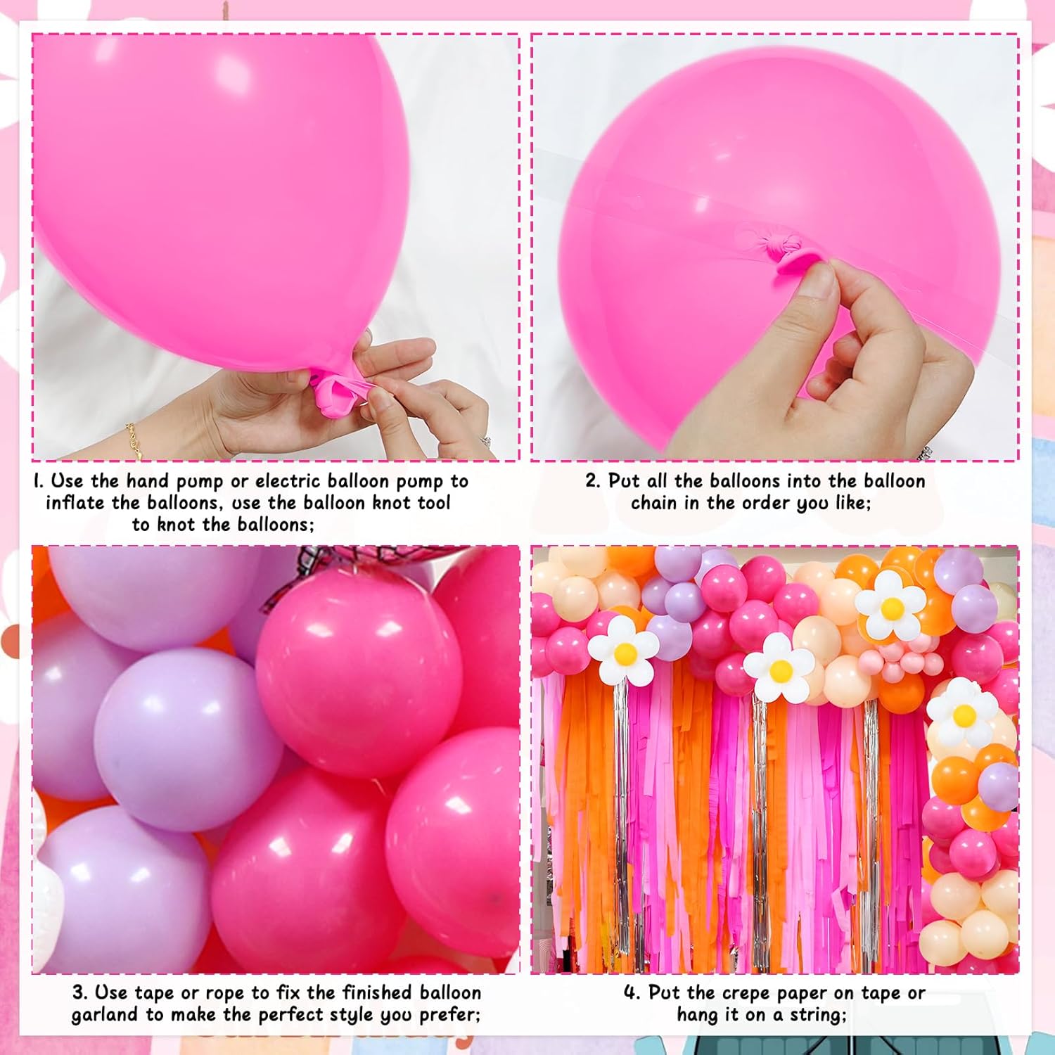 Pink Orange Groovy Balloon Arch Kit with Fringe Backdrop