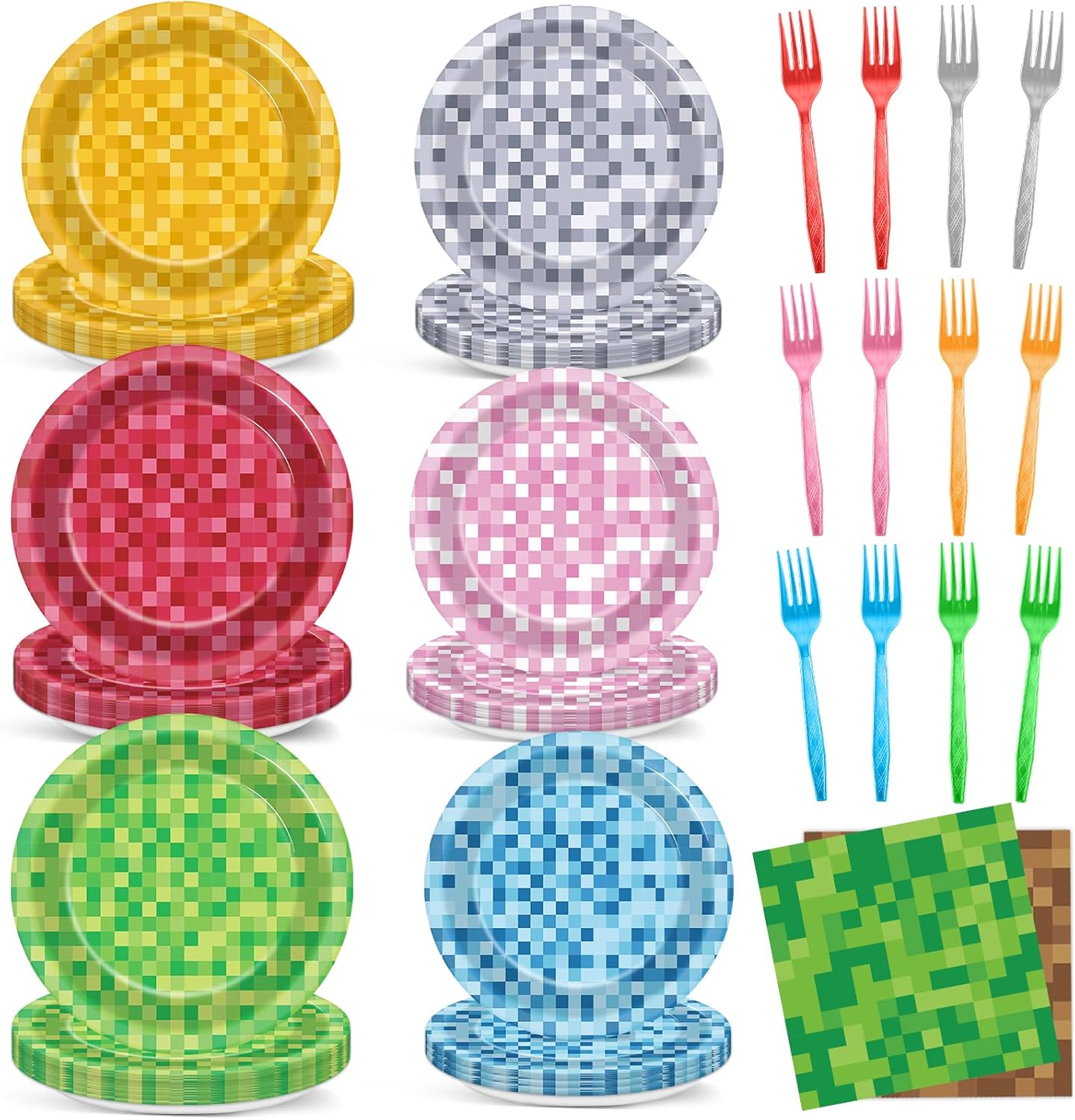 96 Pcs Mini Pixel Party Plates and Napkins for Gaming Birthday Celebration