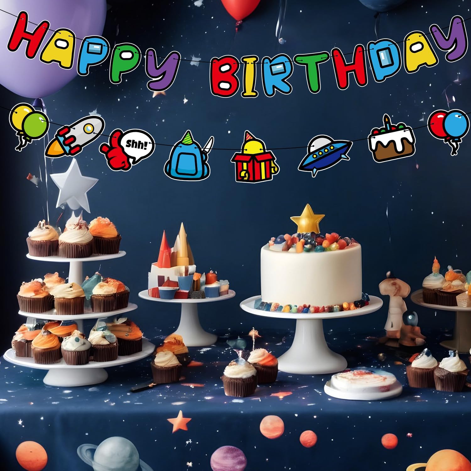 Space Happy Birthday Banner for Boys Party Decorations