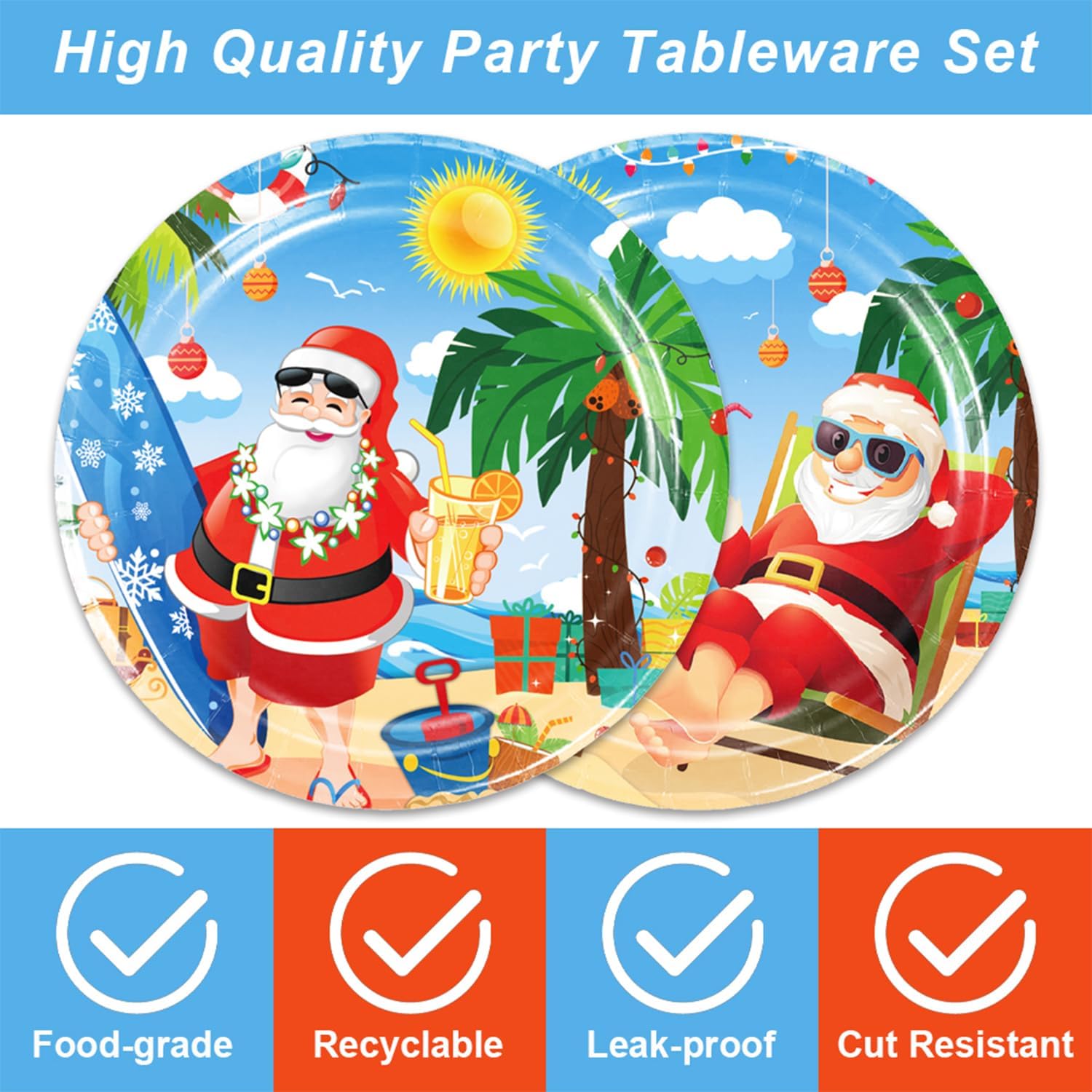 48pcs Beach Hawaiian Santa Party Tableware Set for 16 Guests