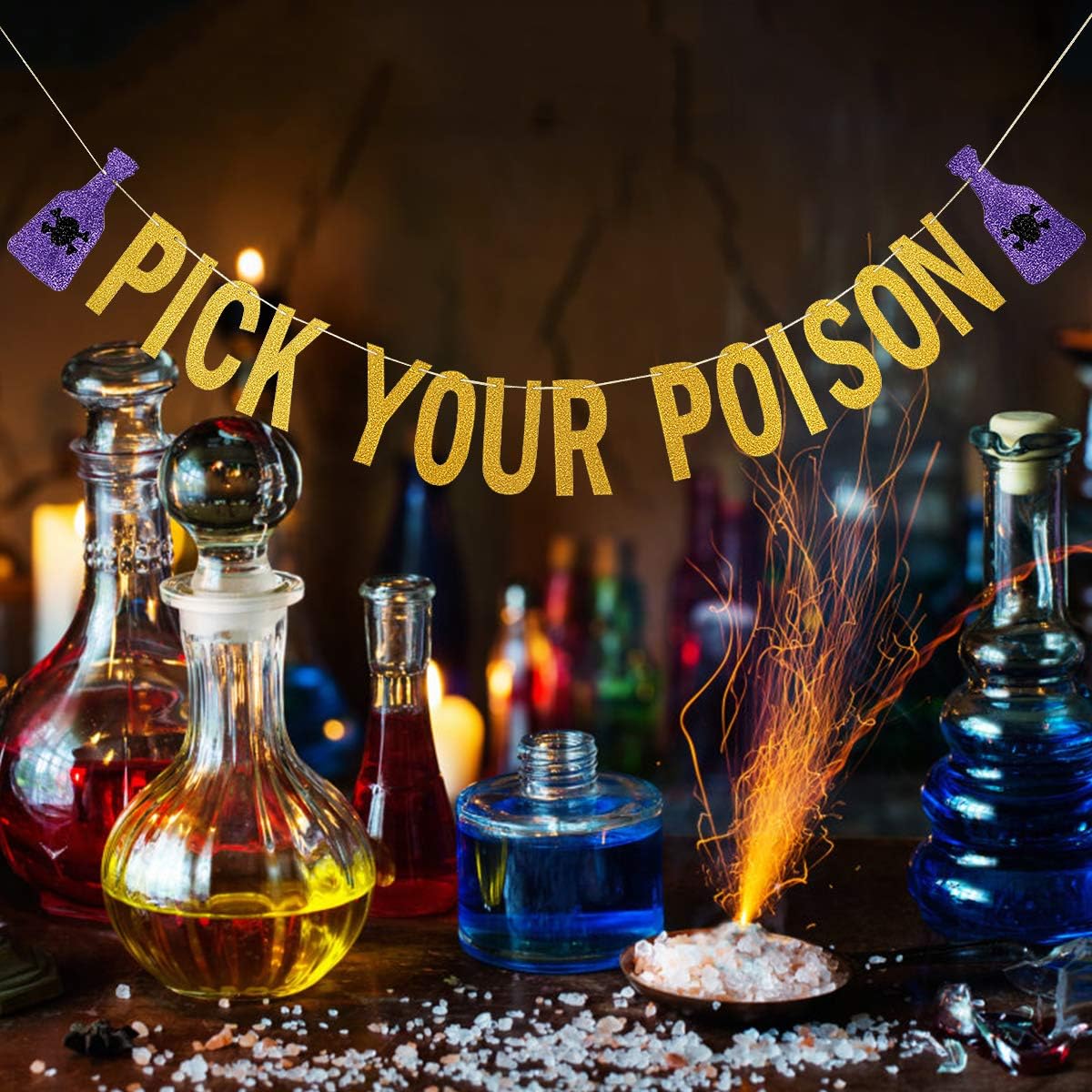 Gold Glitter Pick Your Poison Halloween Banner