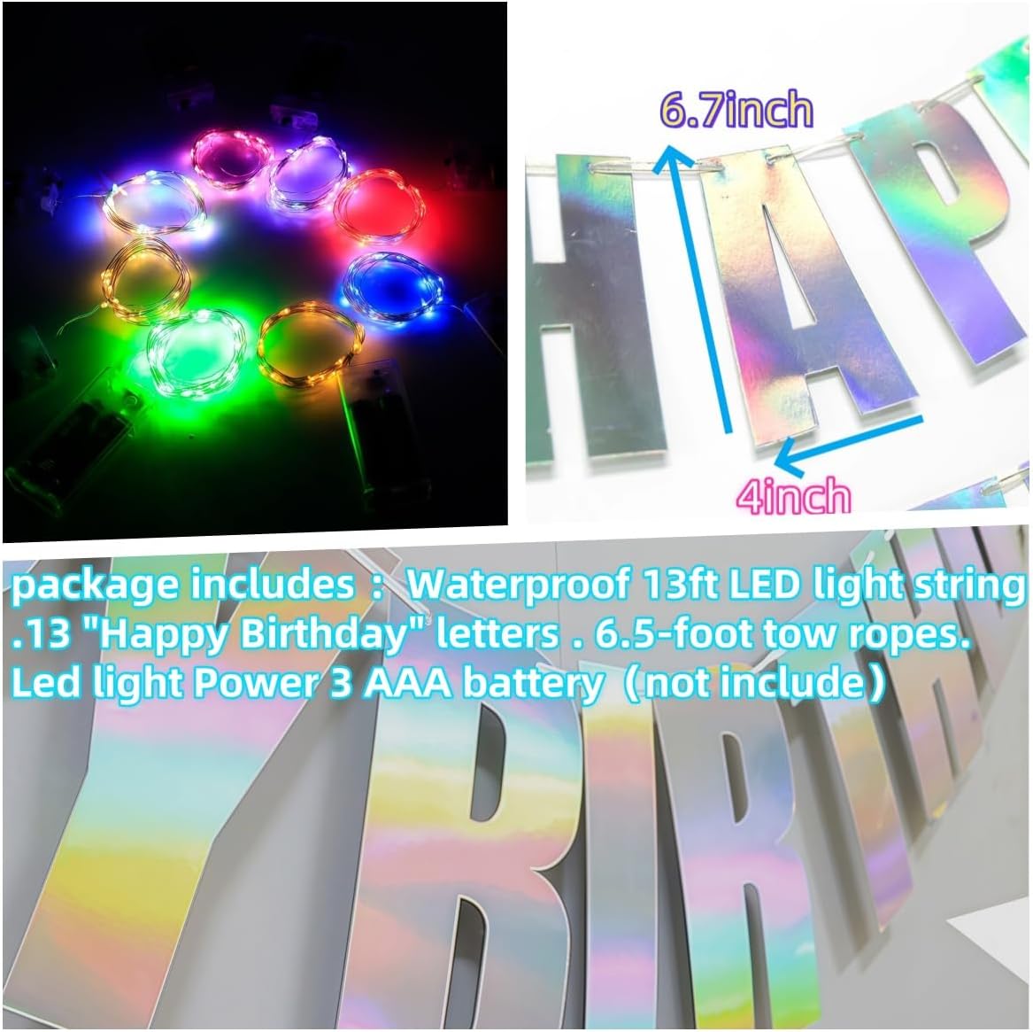 13ft Waterproof LED Birthday Banner with Iridescent Letters