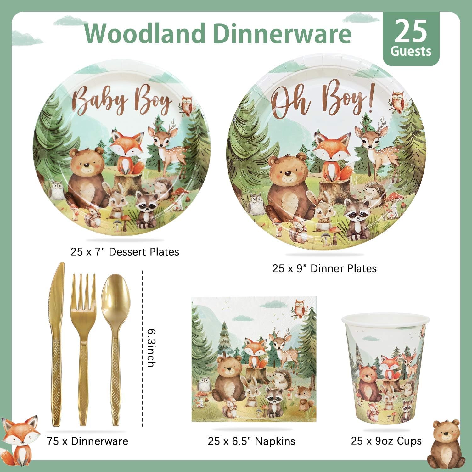 Woodland Baby Shower Plate Set 175 Pcs for 25 Guests