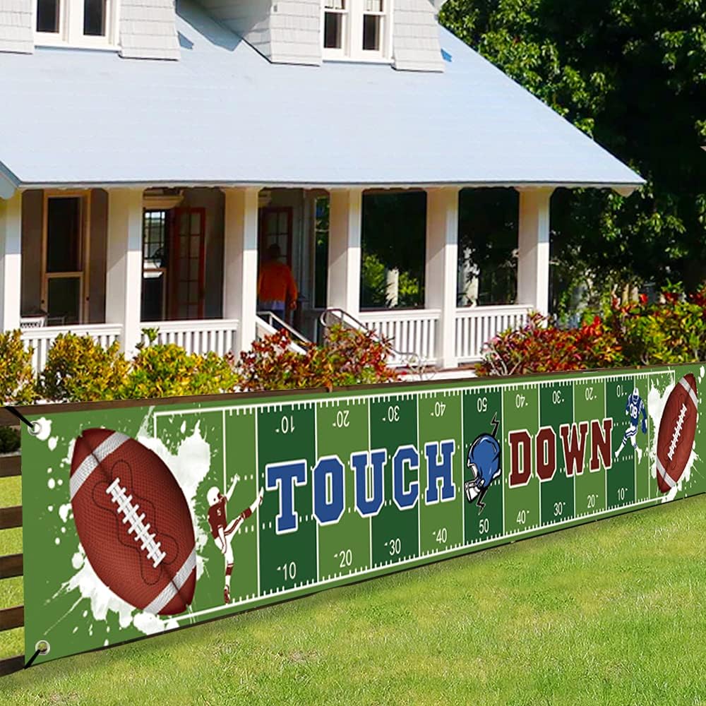 Large Football-Themed Birthday Party Banner with Hanging Ribbon