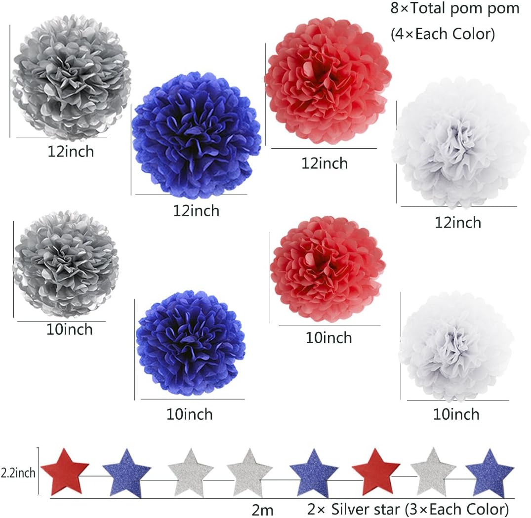 HEARTFEEL 30pcs Patriotic Tissue Pom Pom Garland Decorations