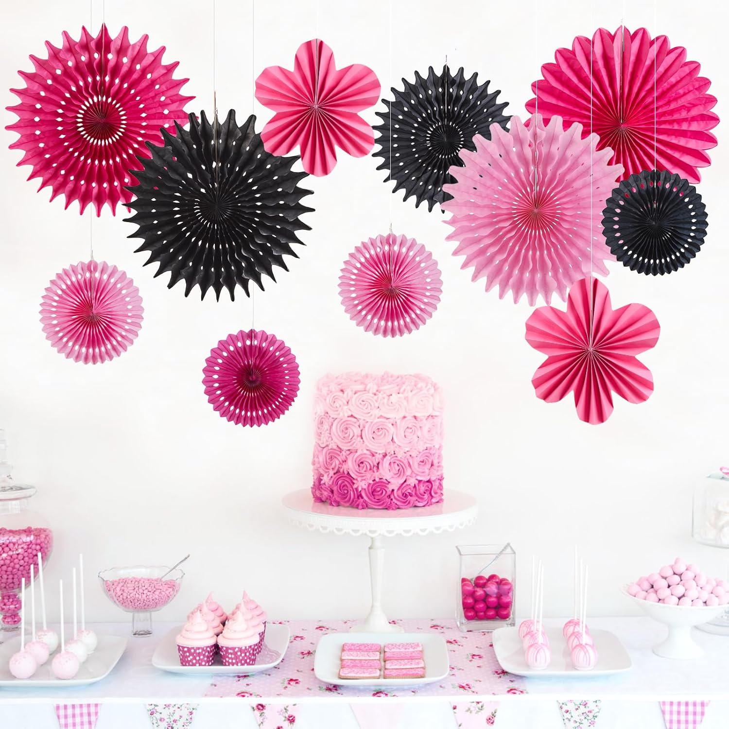 11PCS Hanging Paper Fans Pink Black Birthday Party Decorations