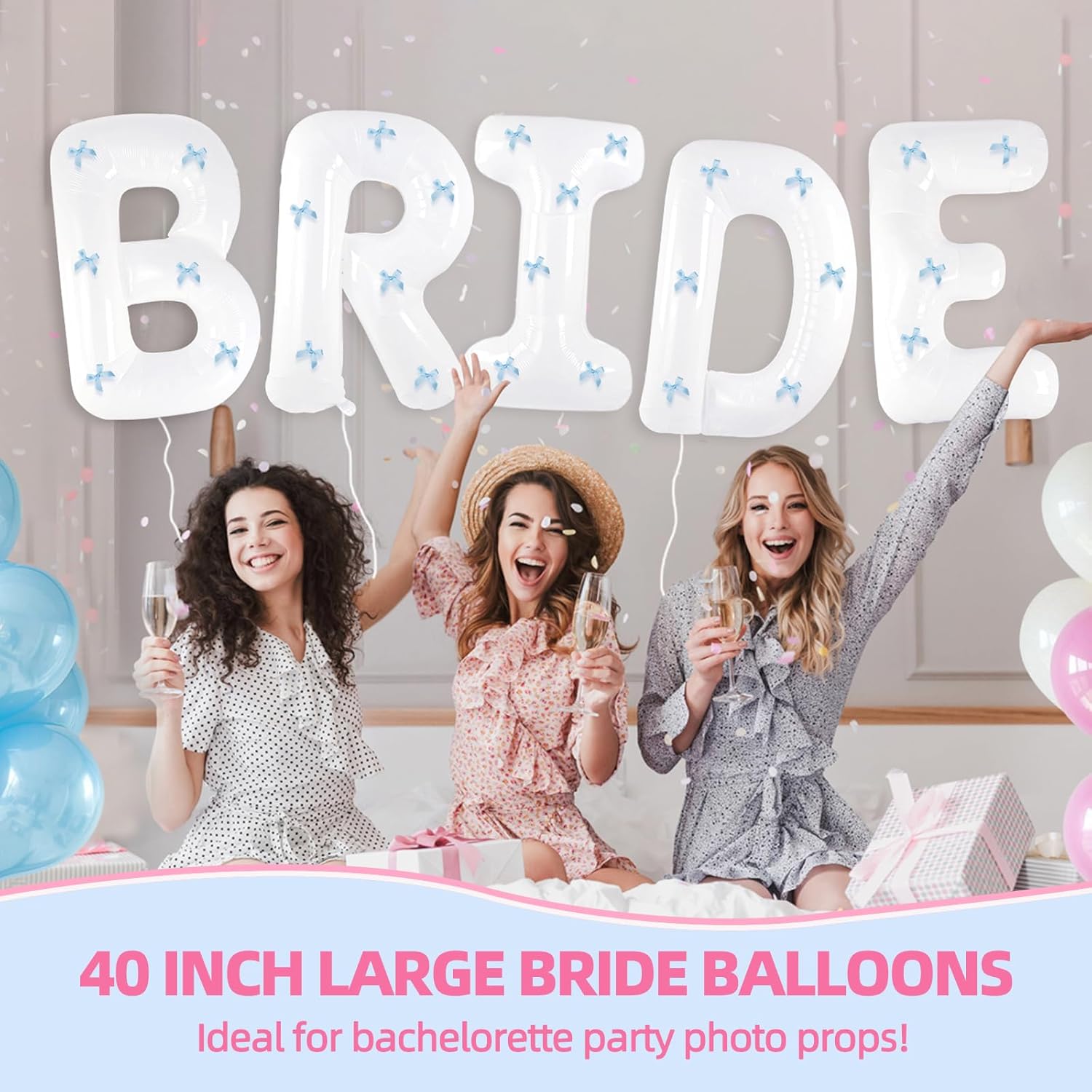 40 Inch White Jumbo Bride Balloons with Blue Bows