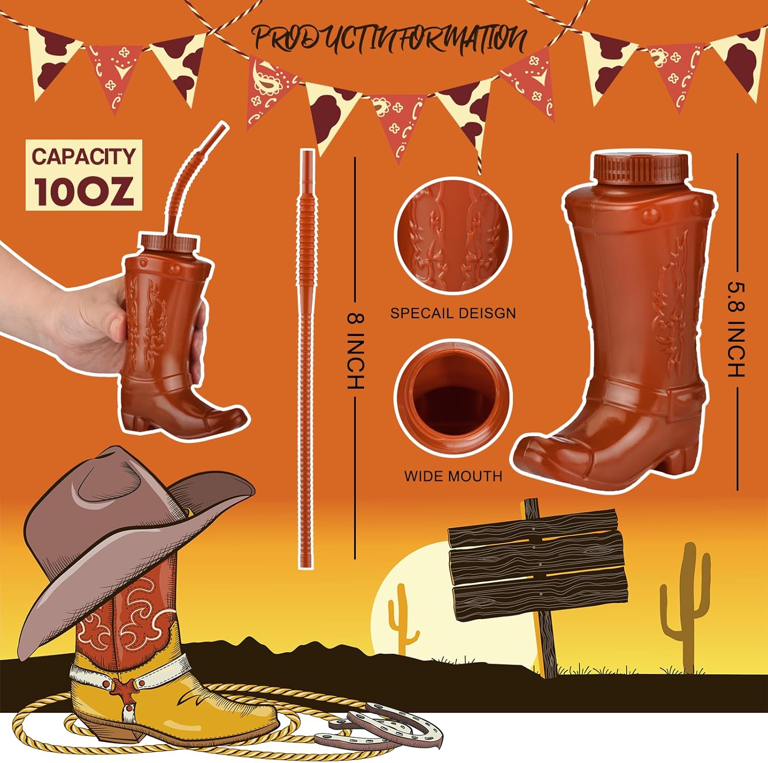 Alink Cowboy Boot Cups with Straws and Lids 12pcs 10oz Kids Party