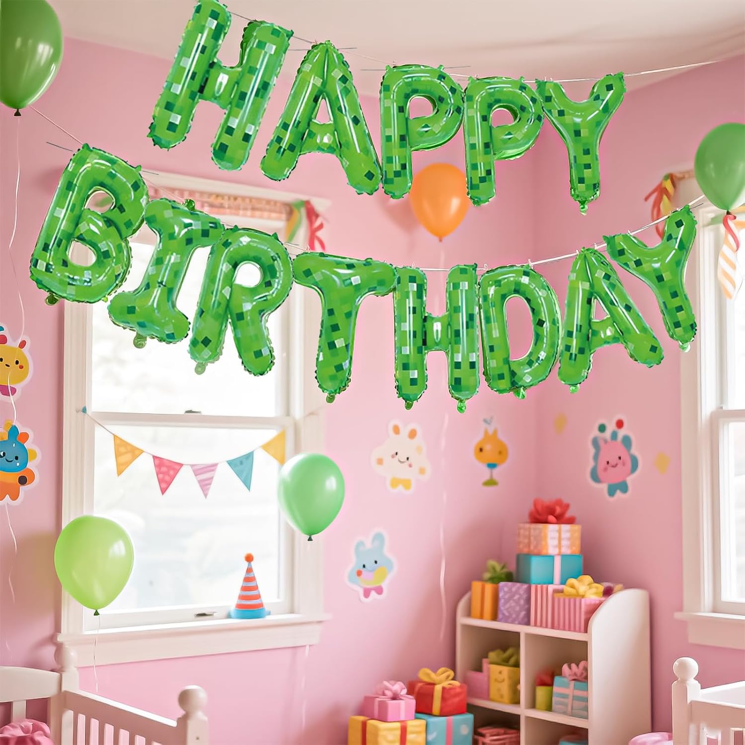 Green Happy Birthday Miner Theme Balloon Banner 16 Inches