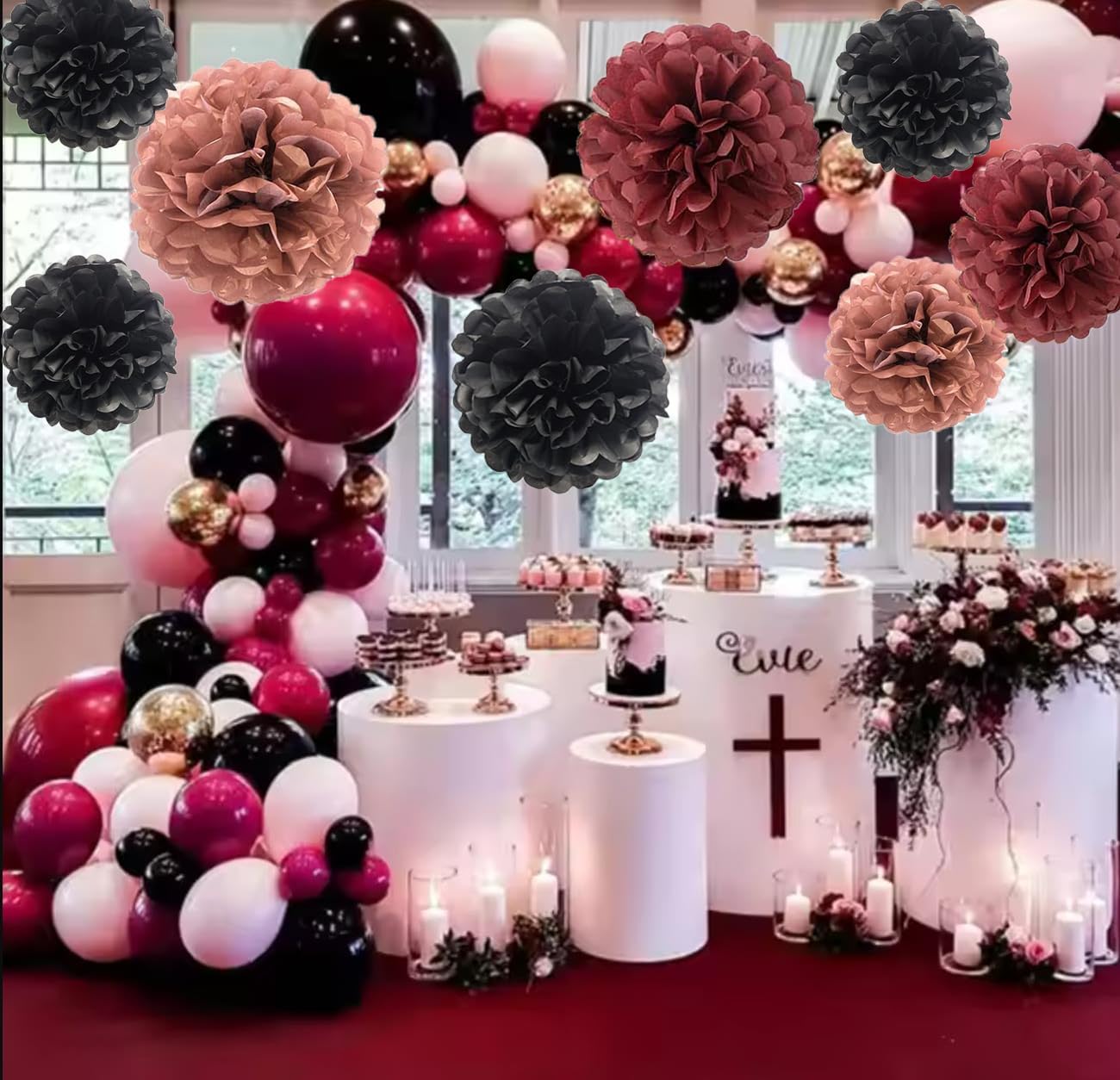 Rose Gold Black Burgundy Tissue Pom Poms Party Decorations