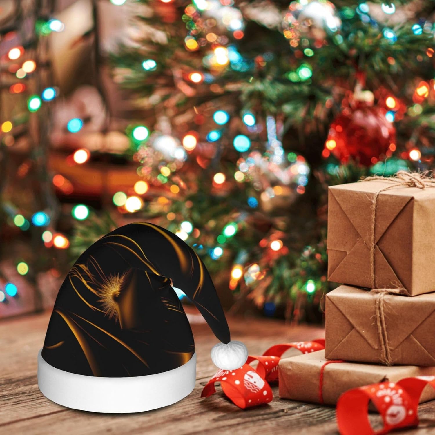 QinZheng Personalized Santa Hat Black Gold Velvet Plush