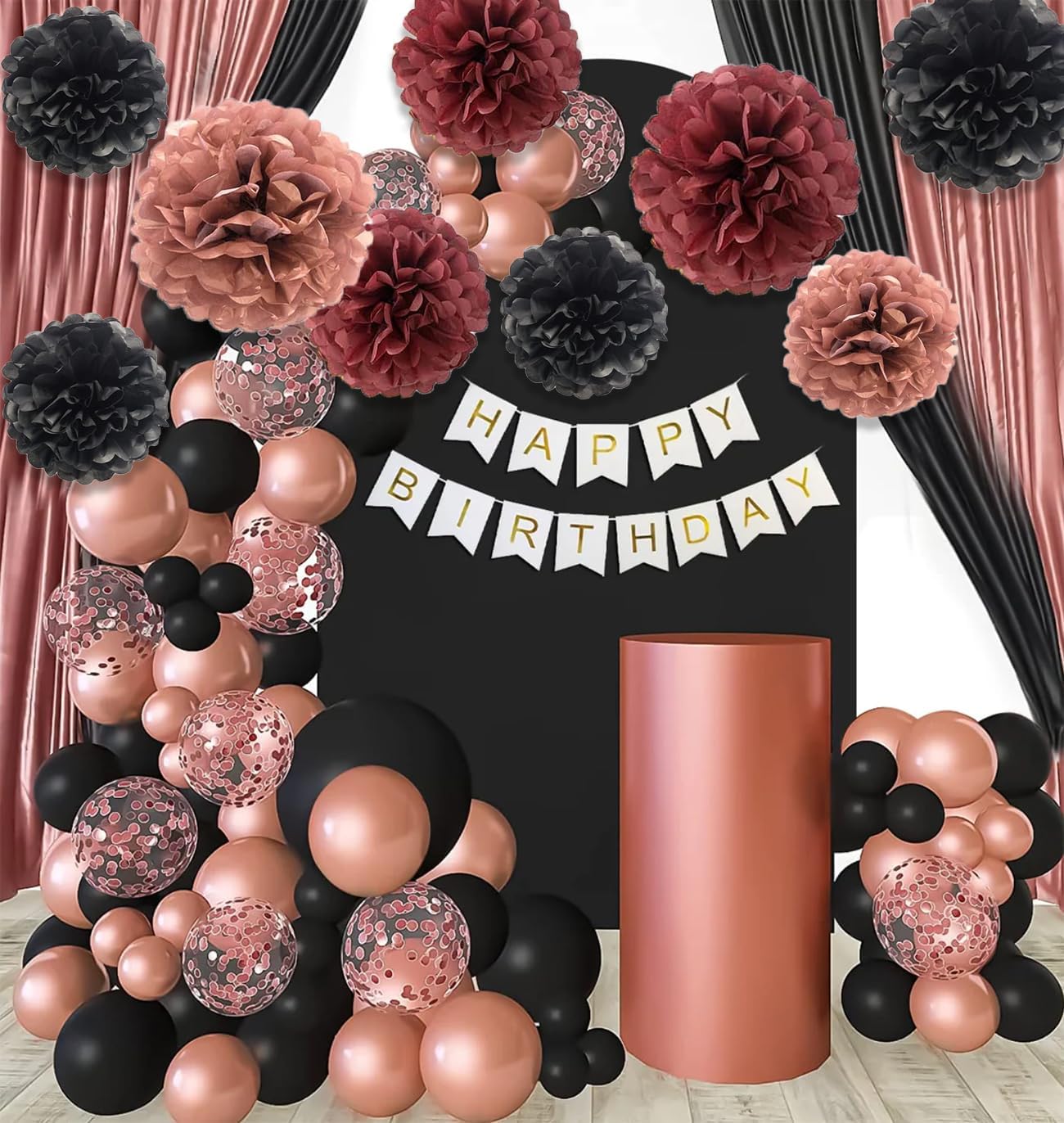 Rose Gold Black Burgundy Tissue Pom Poms Party Decorations