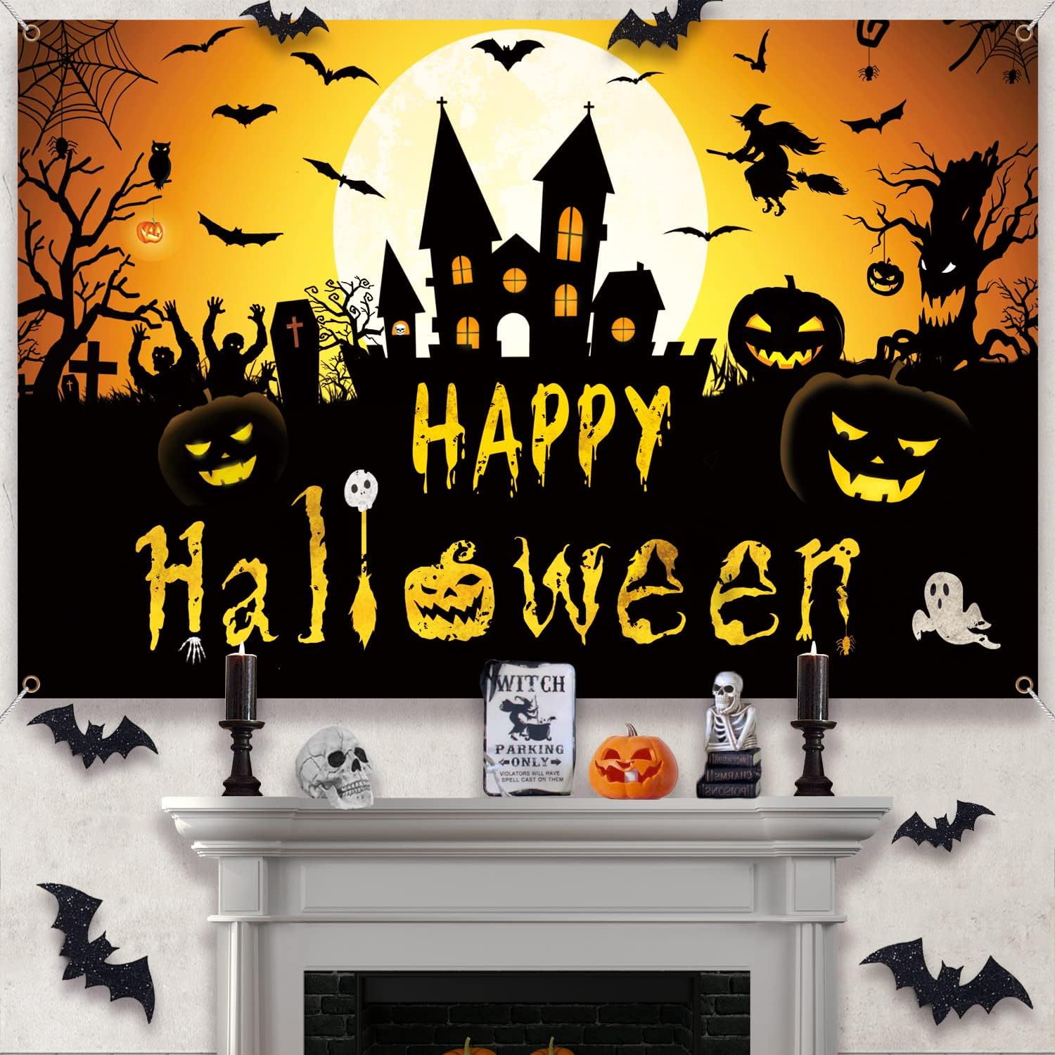 Happy Halloween Banner - Witch Pumpkin Bats Indoor Decor