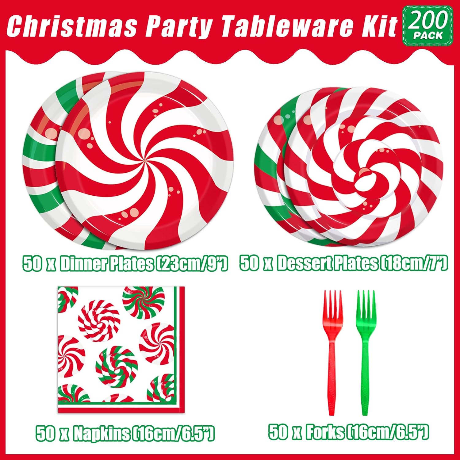 200Pcs Christmas Peppermint Party Plates Napkins Set