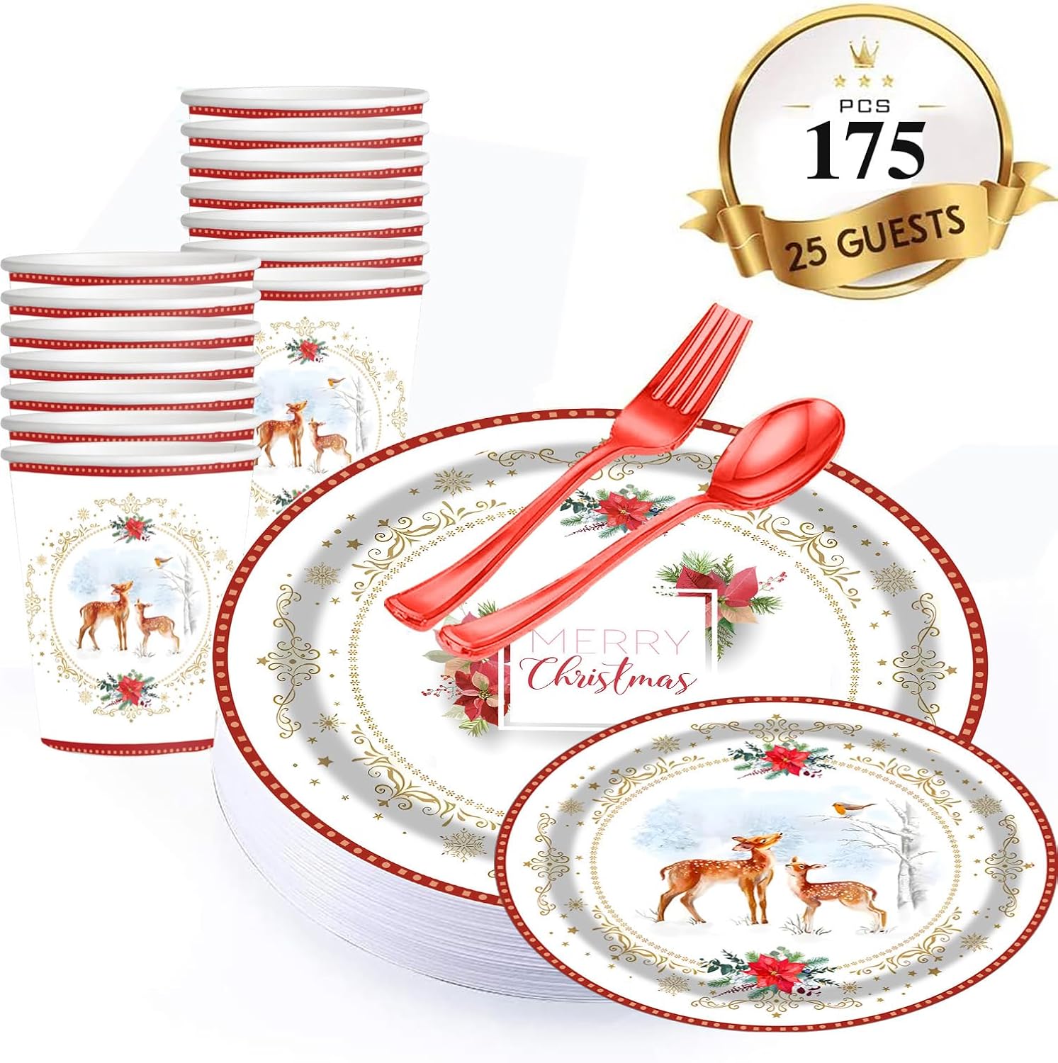 Christmas Poinsettia Deer Disposable Plate Set - 25 Piece Holiday Party Supplies