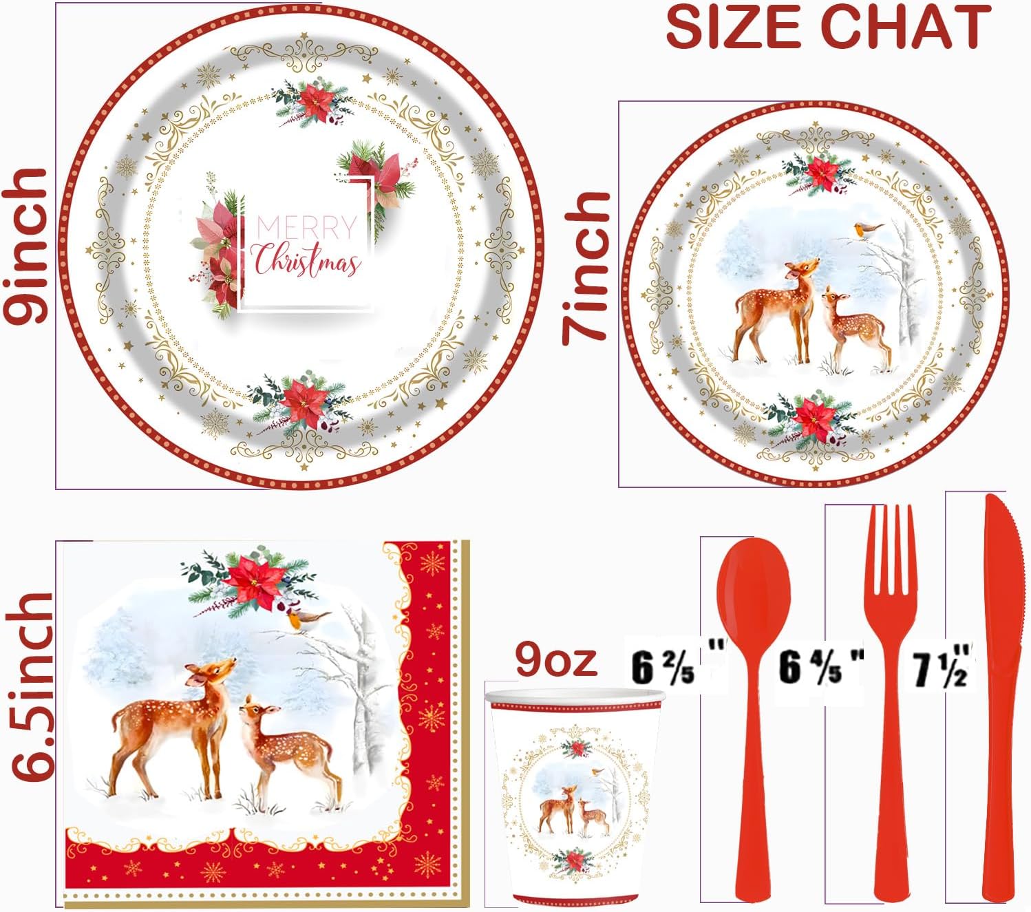 Christmas Poinsettia Deer Disposable Plate Set - 25 Piece Holiday Party Supplies