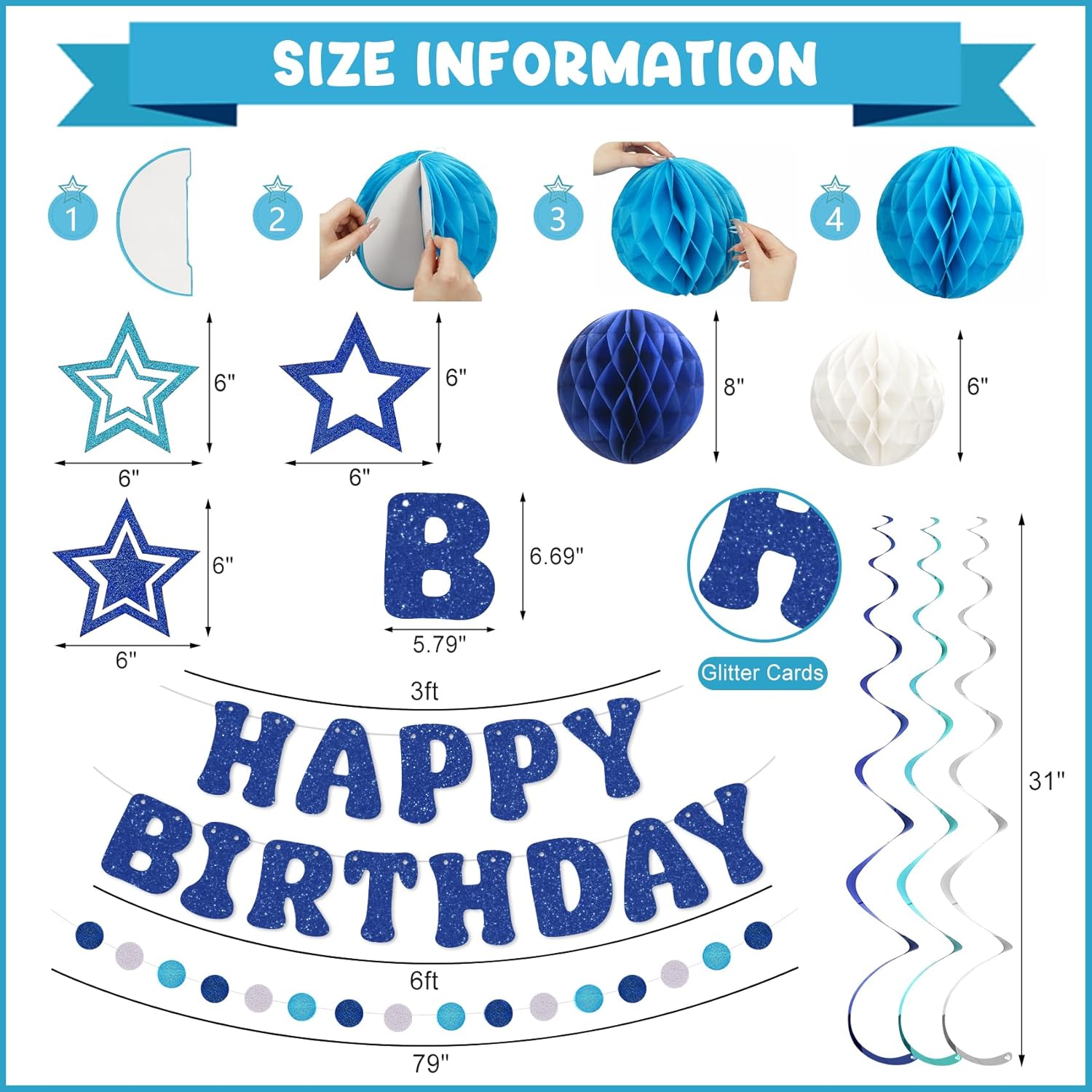Glitter Blue Birthday Banner with Honeycomb Balls and Stars Streamers