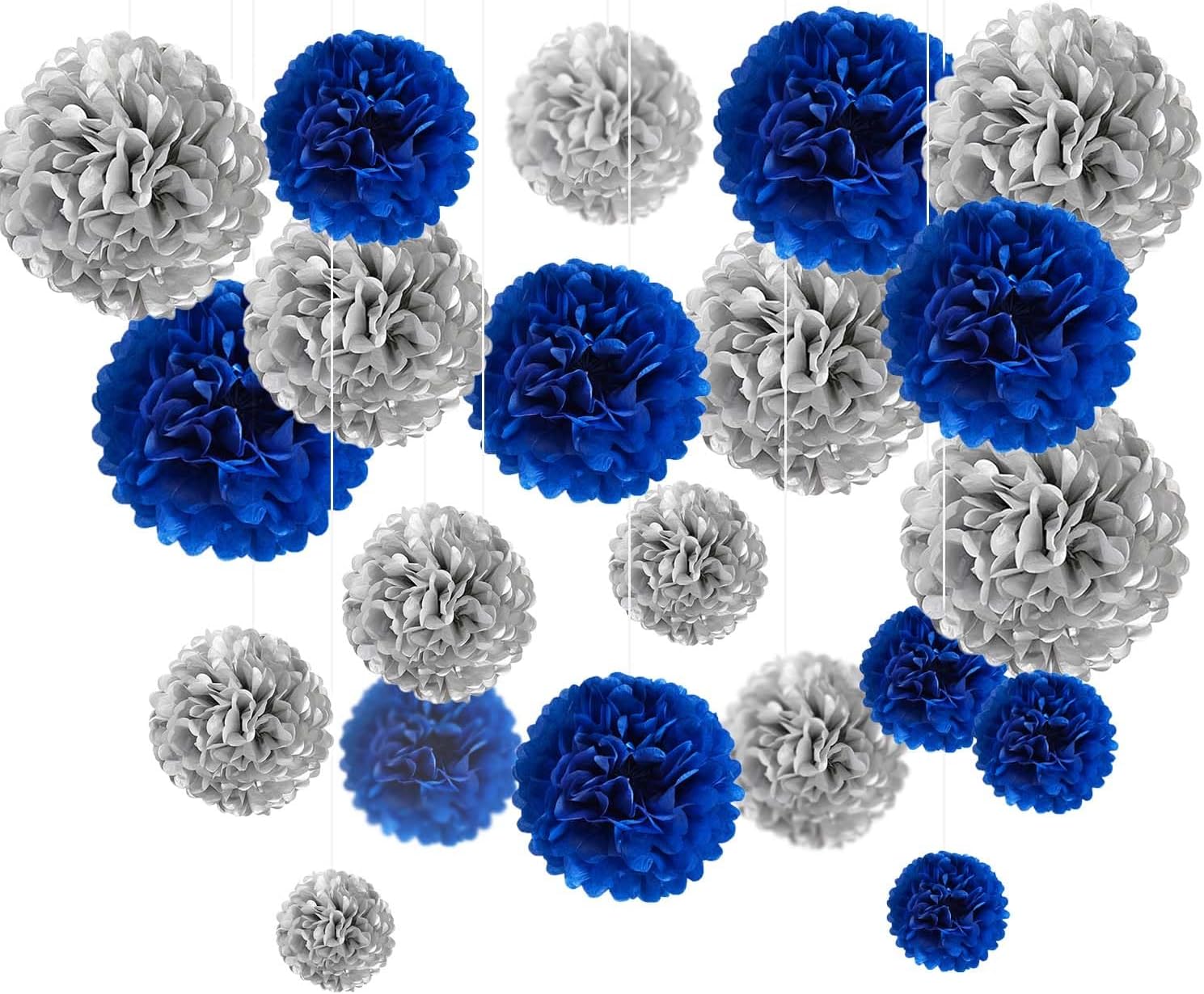 Navy Blue and Silver Tissue Paper Pom Poms Flower Set 28PCS
