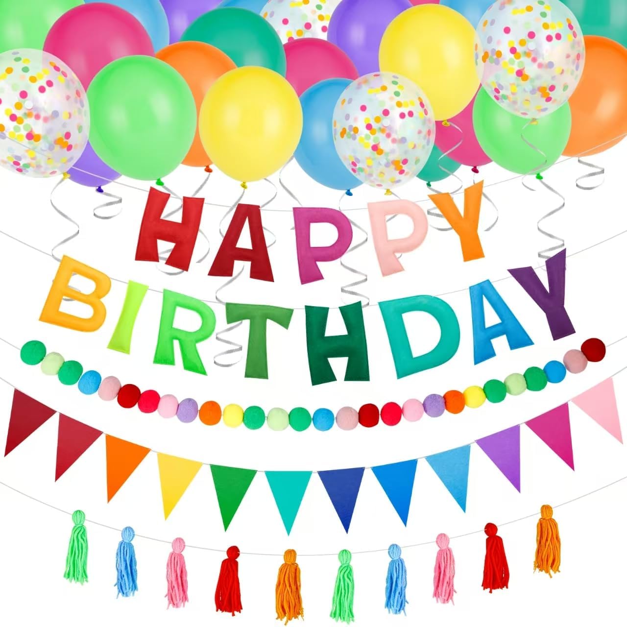 Happy Birthday Decorations Kit - 48 Pcs Balloons Pre-Strung Banners