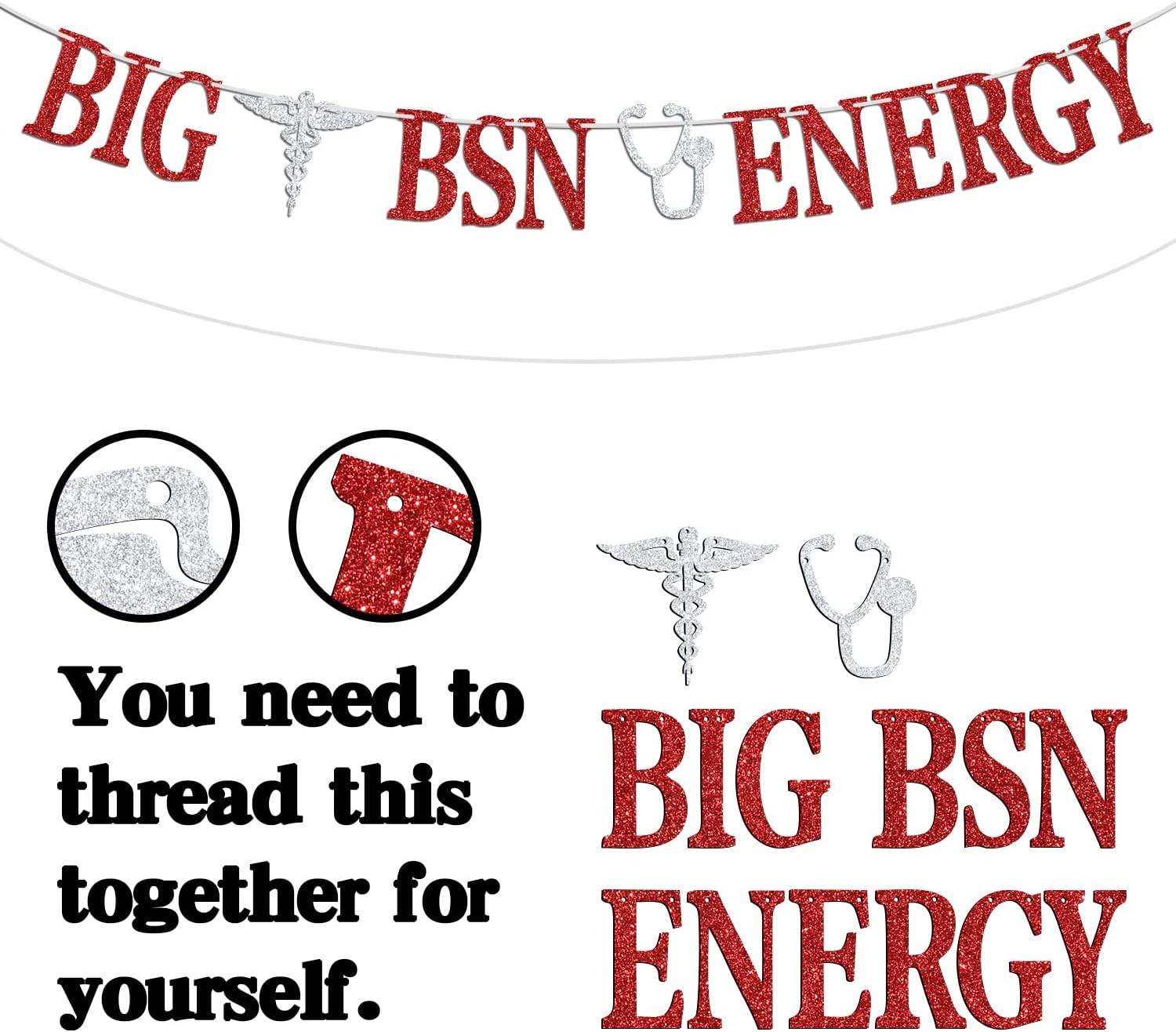 BSN Graduation Banner with Silver Red Glitter
