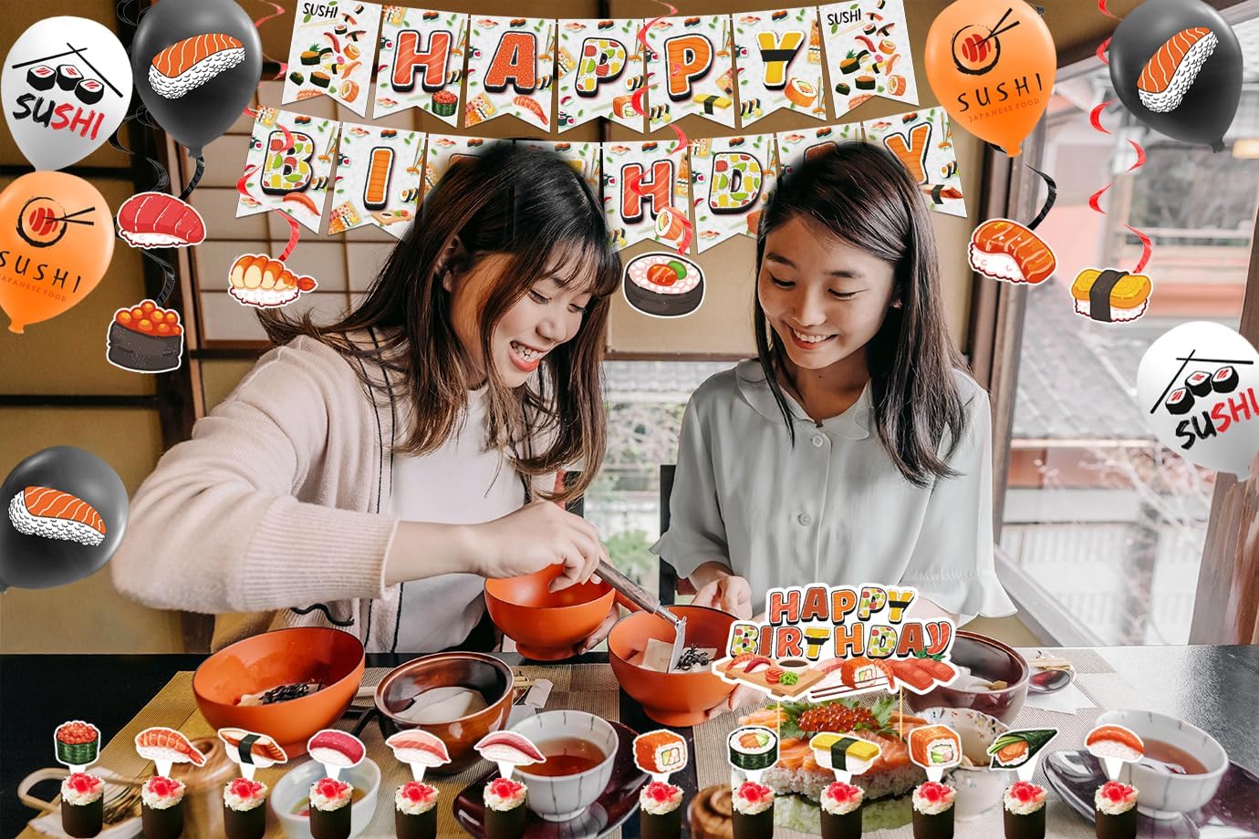 Sushi Party Decorations with Happy Birthday Banner and Balloons