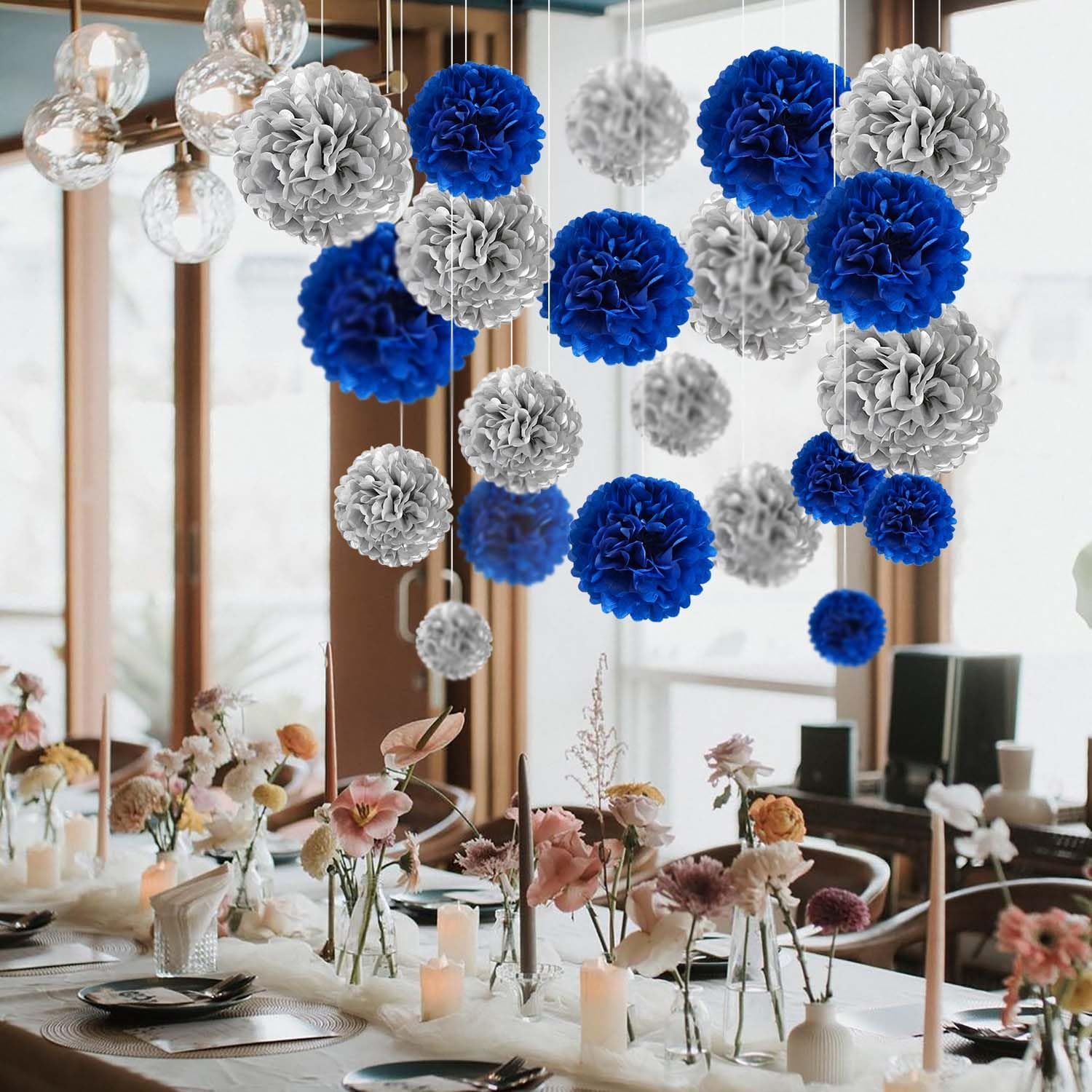 Navy Blue and Silver Tissue Paper Pom Poms Flower Set 28PCS