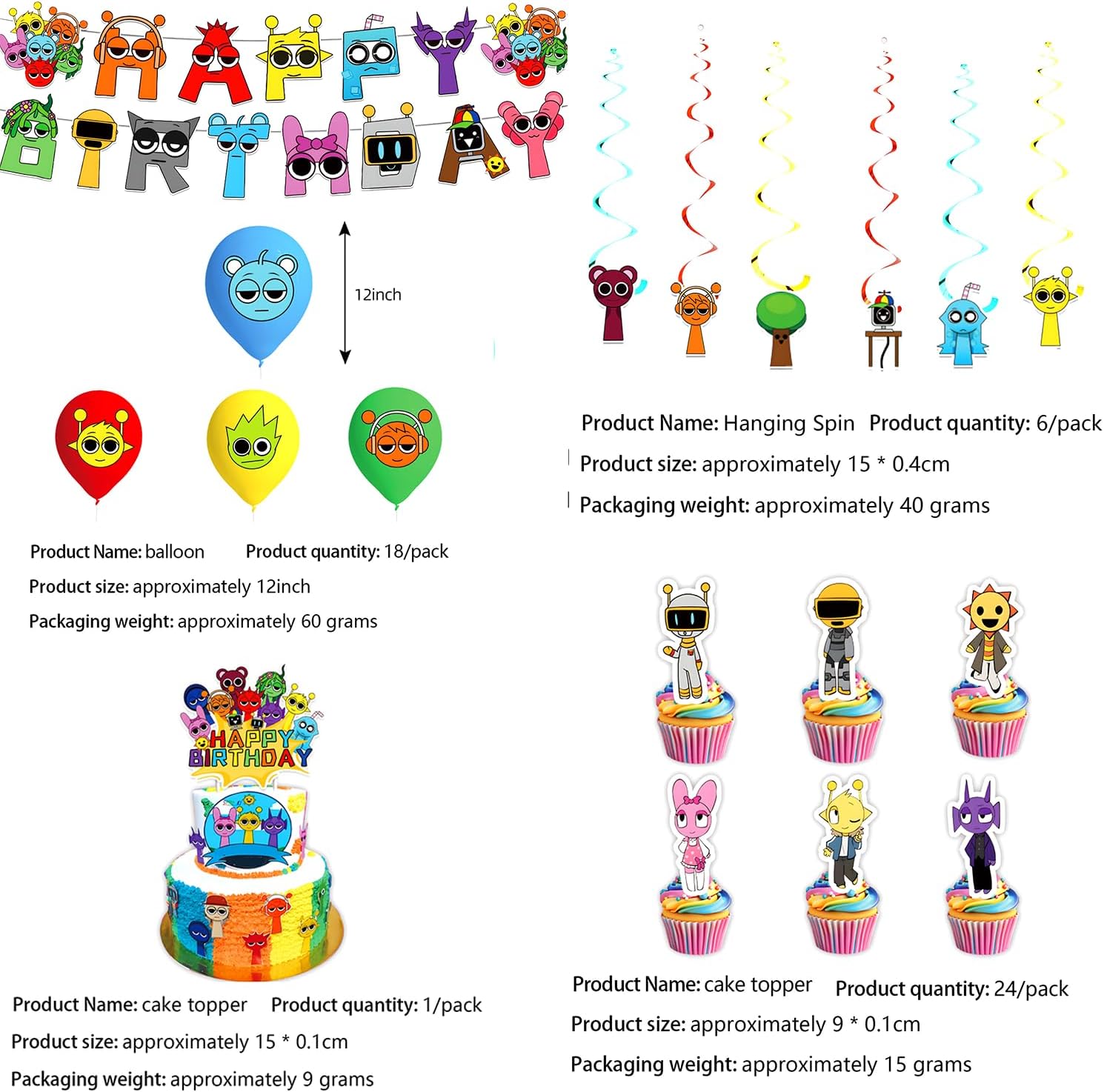 Sprunkie Birthday Decor Set with Banner Cake Topper Balloons Background
