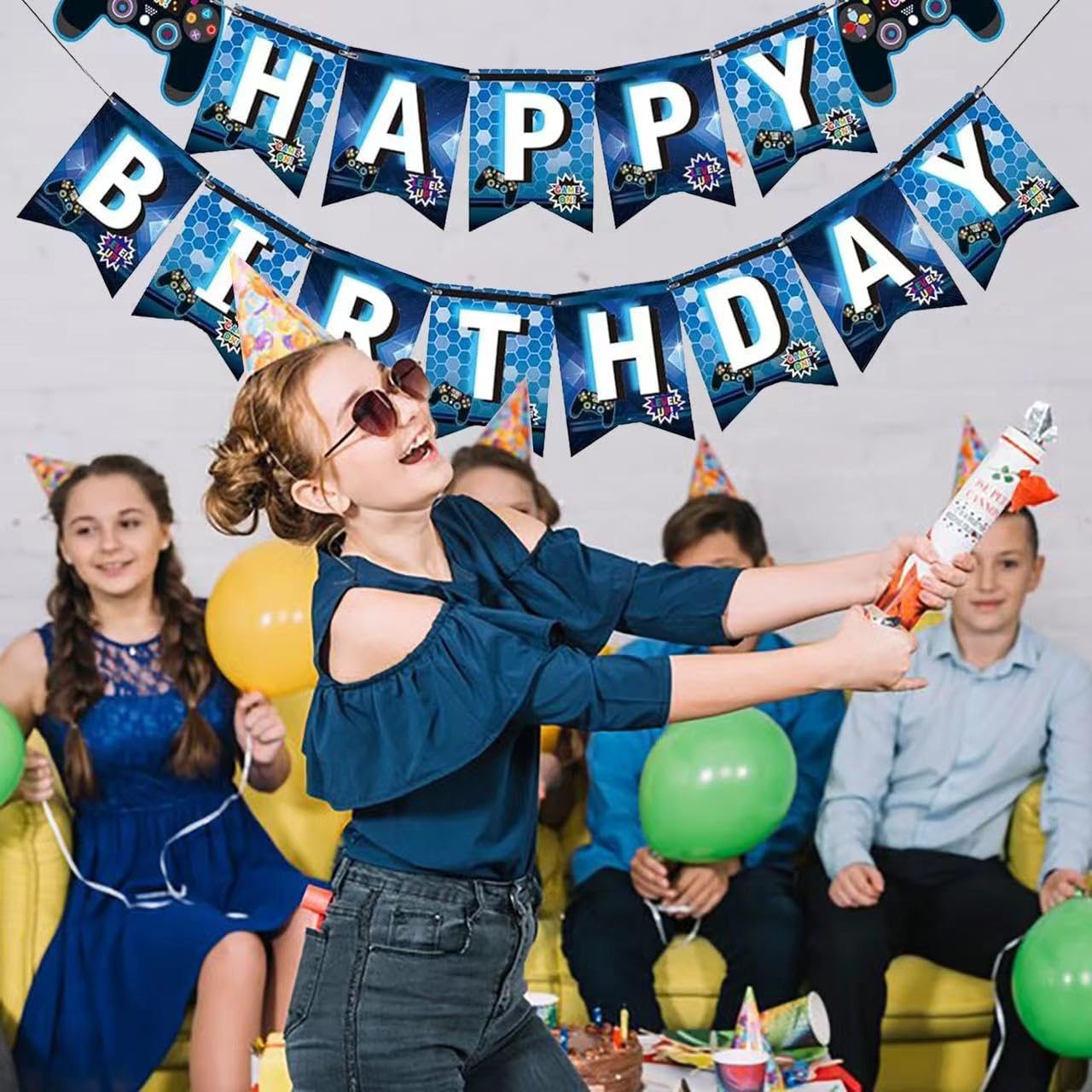 Blue Video Game Birthday Banner for Celebration Party Decoration
