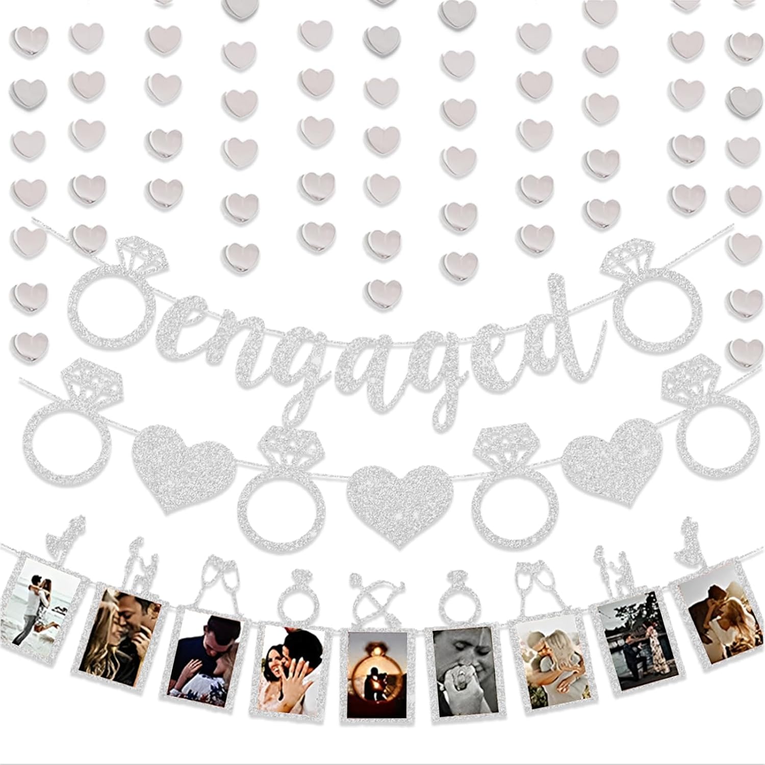 Silver Glitter Engagement Party Banners with Heart Garland