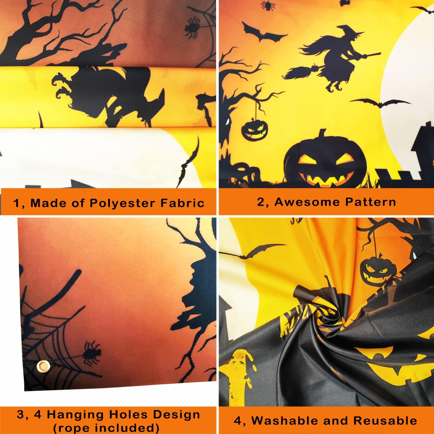 Happy Halloween Banner - Witch Pumpkin Bats Indoor Decor