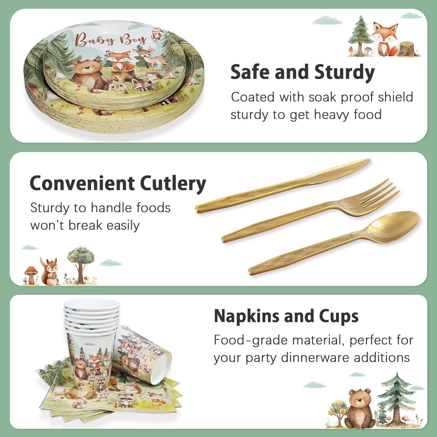 Woodland Baby Shower Plate Set 175 Pcs for 25 Guests