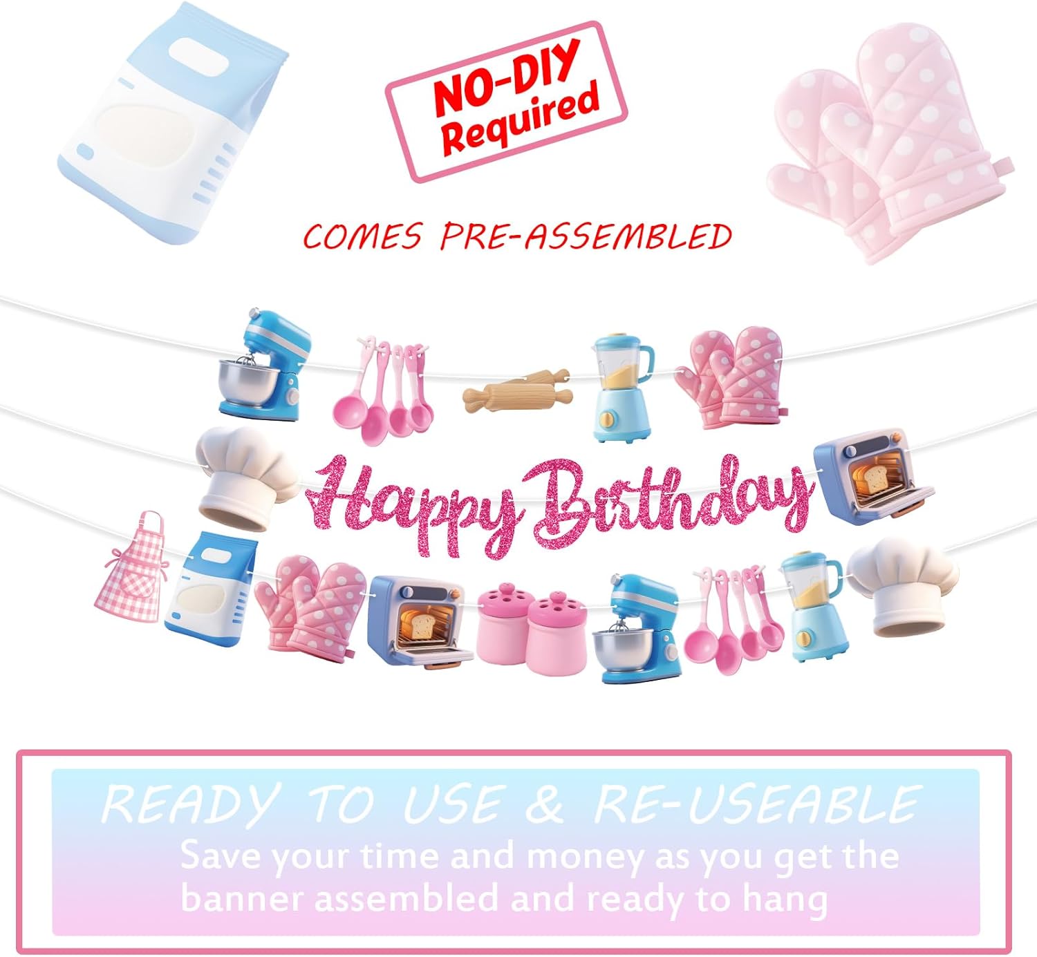 Bake Party Banners 3Pcs Happy Birthday Garland for Kids Birthday Celebrations