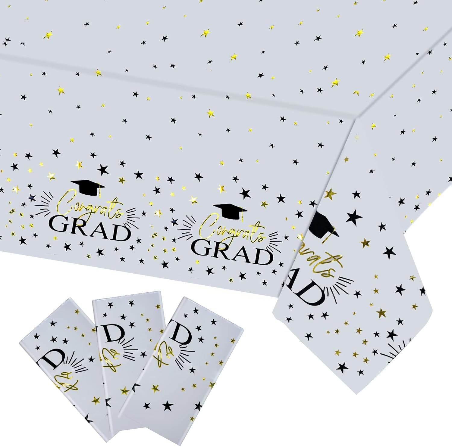 3 Piece Graduation Party Tablecloths Black White Gold