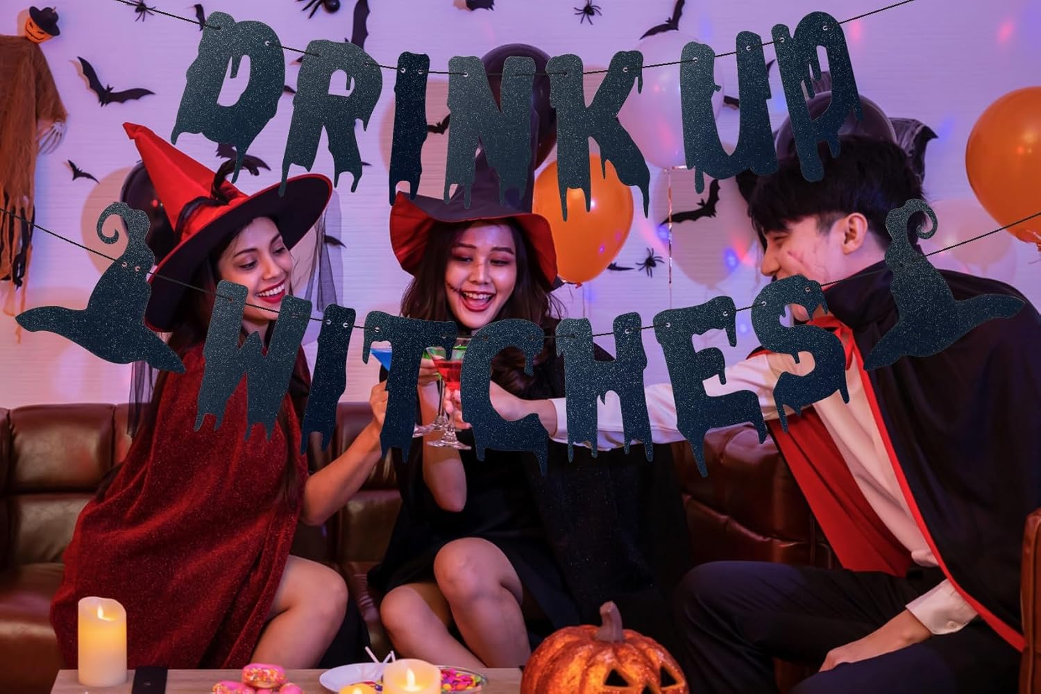 Glittery Black Drink Up Witches Halloween Banner