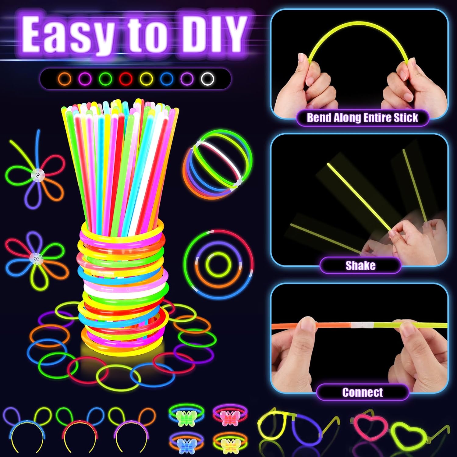 Glow in the Dark Party Supplies with 100 Glow Sticks and LED Toys
