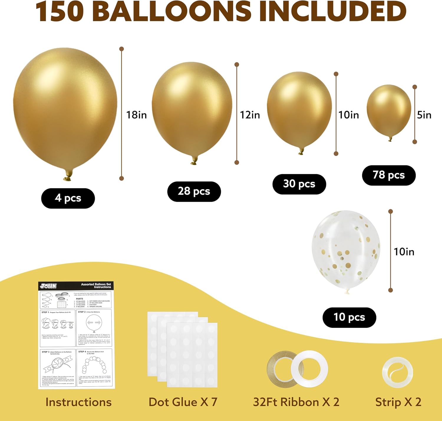 JOYIN 150 Pcs Metallic Gold Balloons Arch Kit