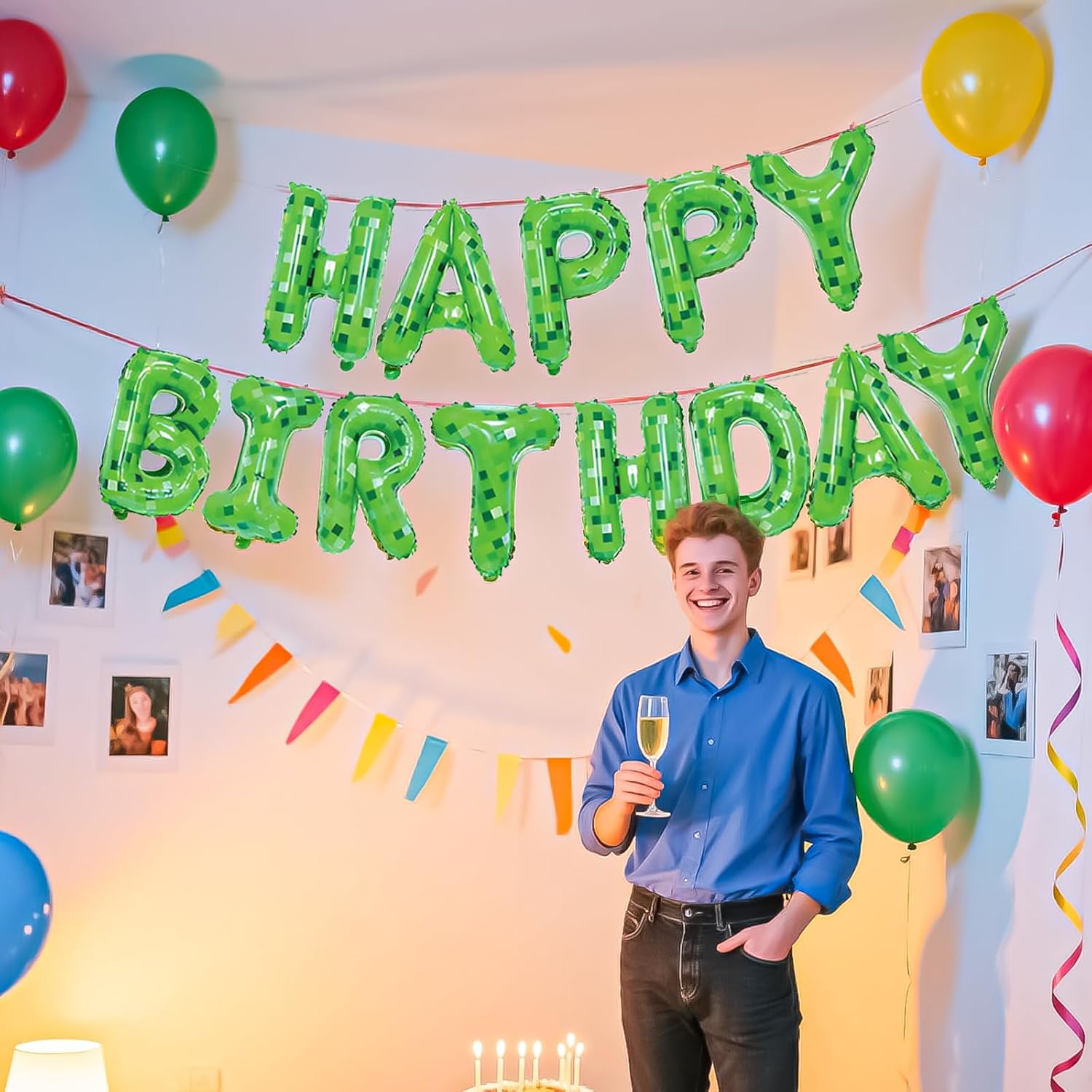 Green Happy Birthday Miner Theme Balloon Banner 16 Inches