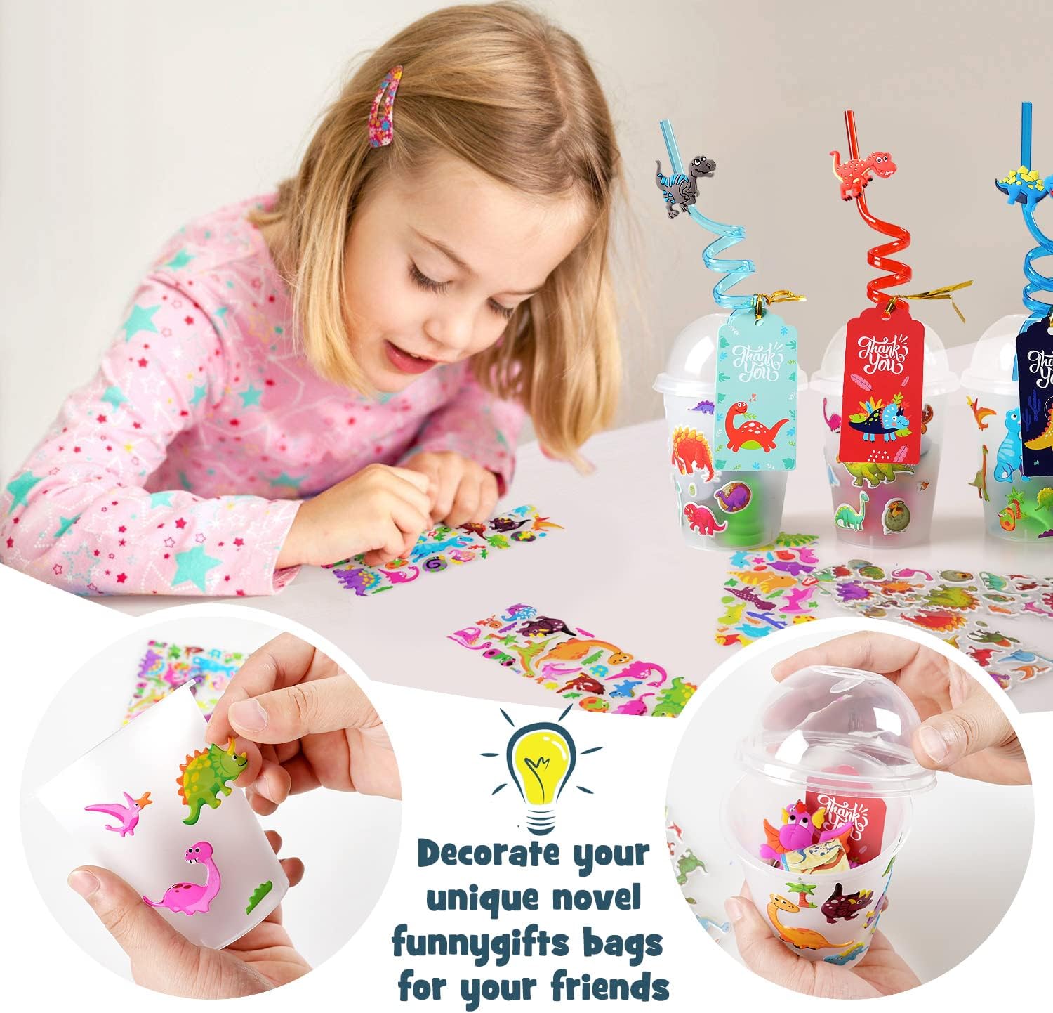 MOVINPE Dinosaur Party Favor Cups with Reusable Straws and Luminous Toys