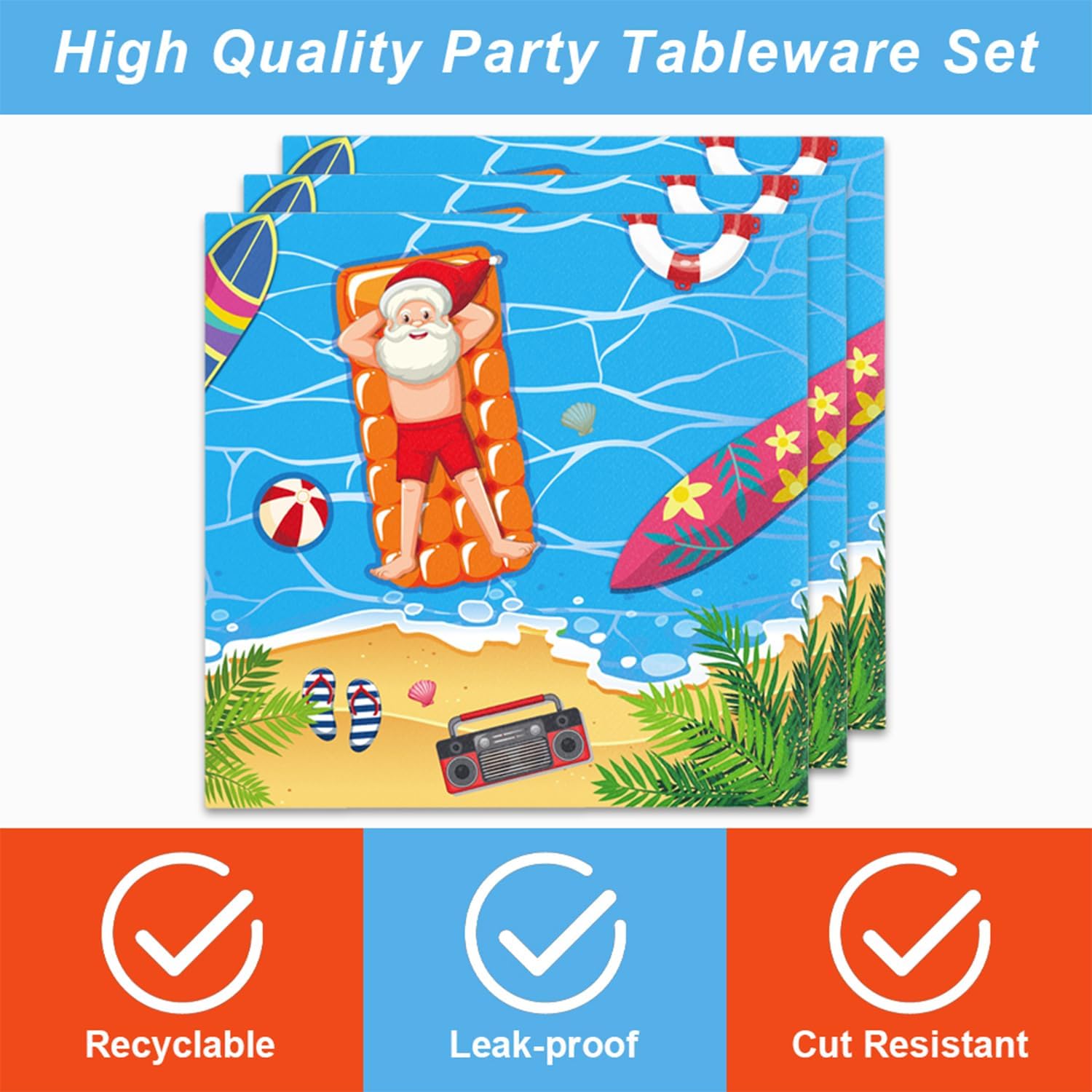 48pcs Beach Hawaiian Santa Party Tableware Set for 16 Guests