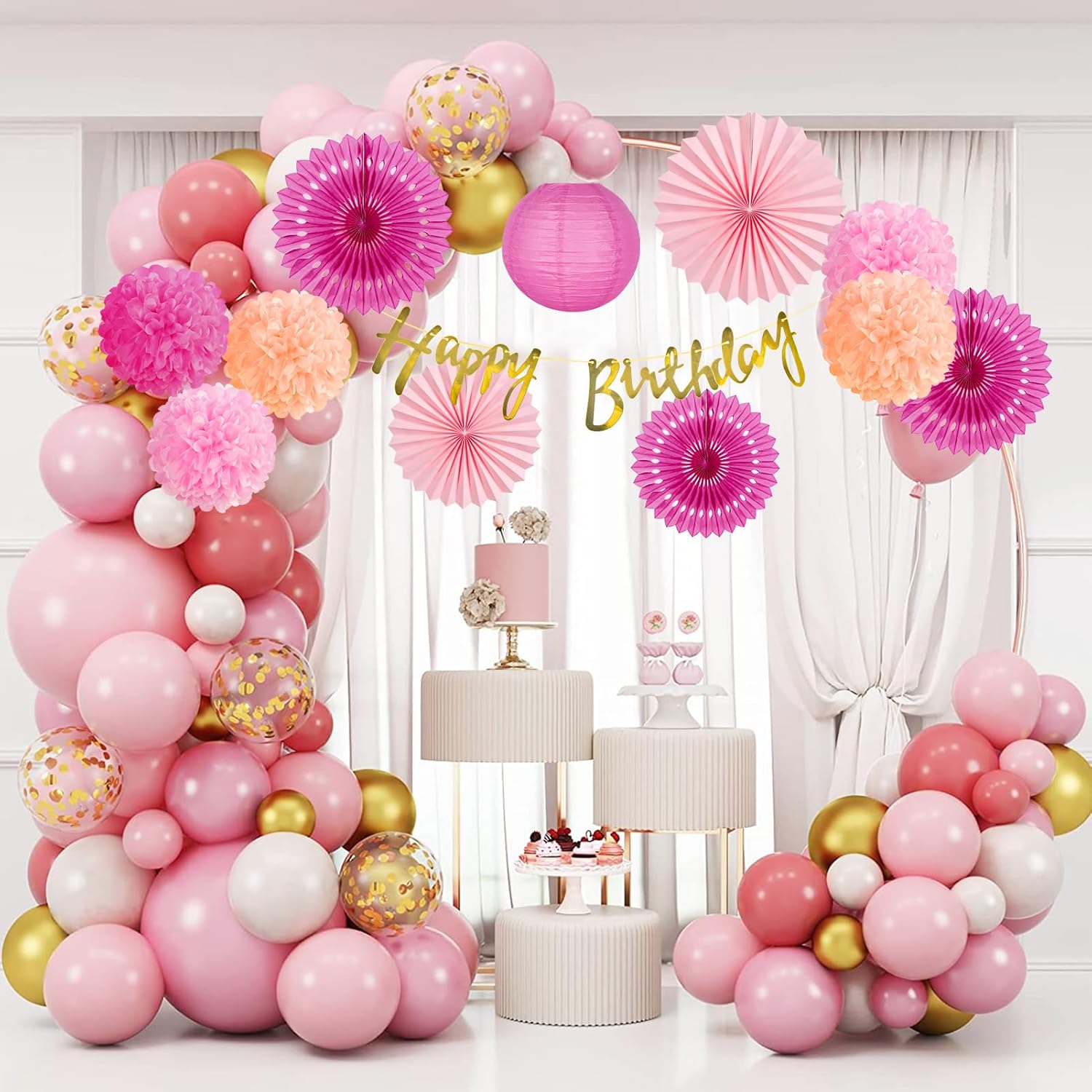 SUNBEAUTY Hot Pink Birthday Decorations Kit
